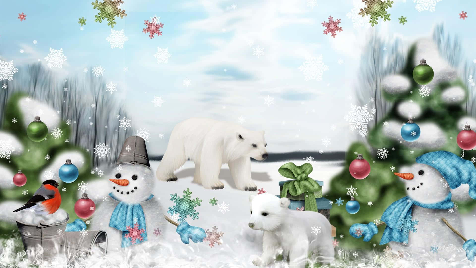 北極熊 桌布 壁紙 — 一個節日冬季場景，有北極熊、雪人和一隻鳥，周圍是飄落的雪花和裝飾的樹木。