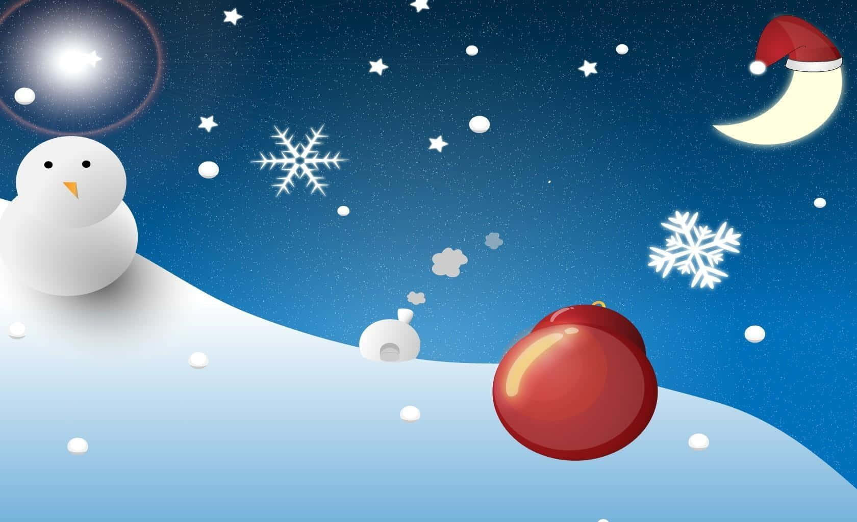  壁紙 — 一個節日冬季場景，有雪人、紅色裝飾物和彎月，背景是星空。