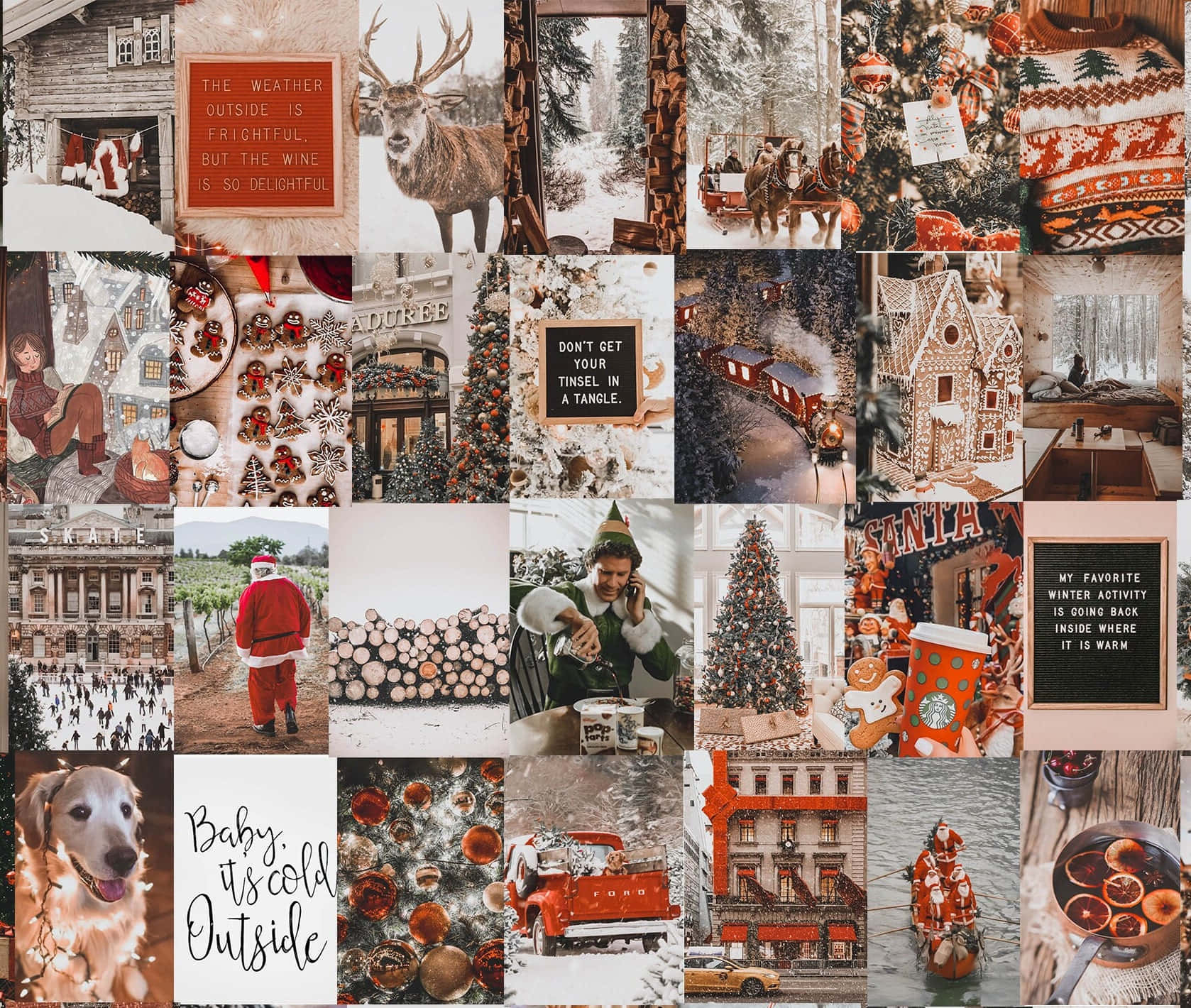Winter Aesthetic Collage 桌布 壁紙 — 一個節日冬季拼貼畫，以雪景、薑餅屋和帶有溫暖燈光和紅色點綴的舒適節日場景為特色。