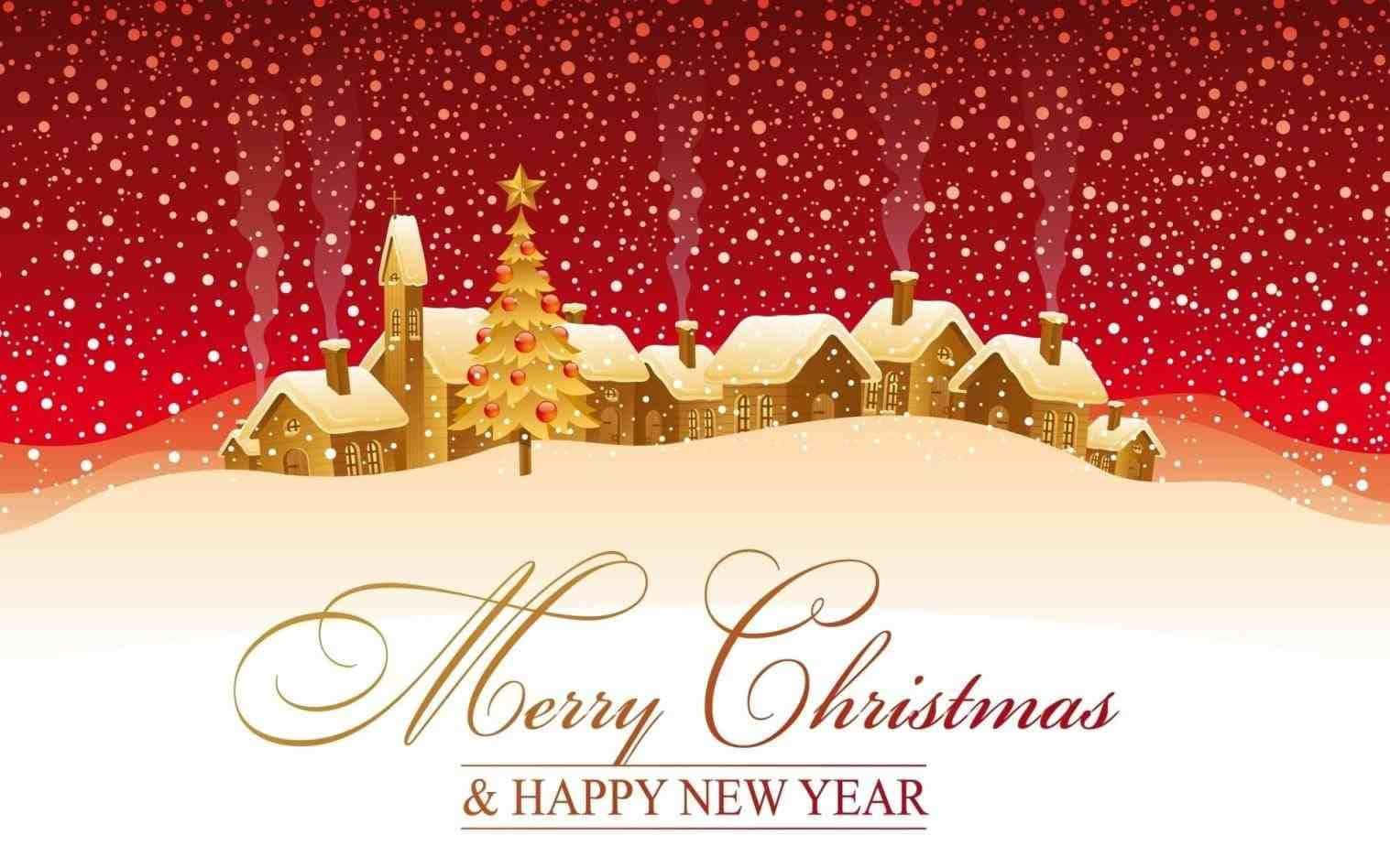 Christmas Card 桌布 壁紙 — 一個節日冬季村莊，有被雪覆蓋的房屋和一棵裝飾過的樹，在紅色的天空下飄著雪。