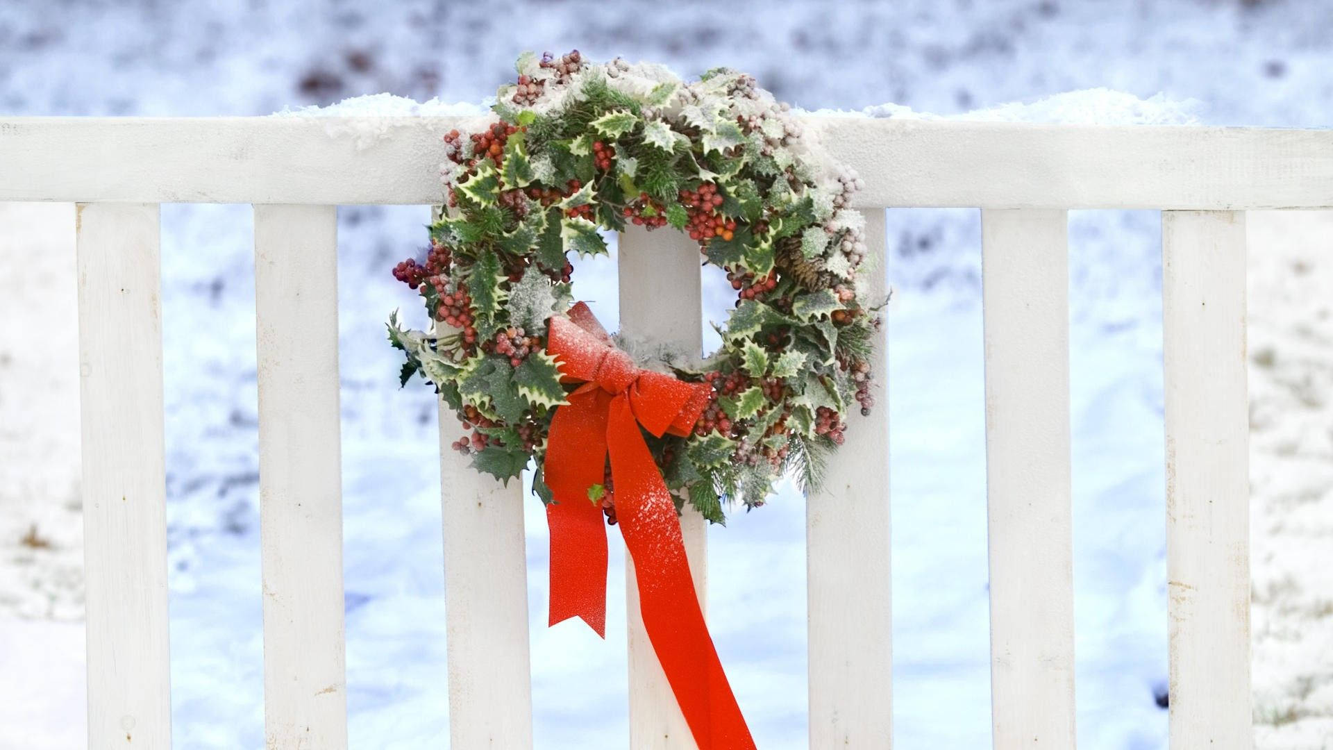 Wreath 桌布 壁紙 — 一個節日冬青花環，帶有紅色漿果和鮮紅色蝴蝶結，掛在冬天白雪覆蓋的白色圍欄上。