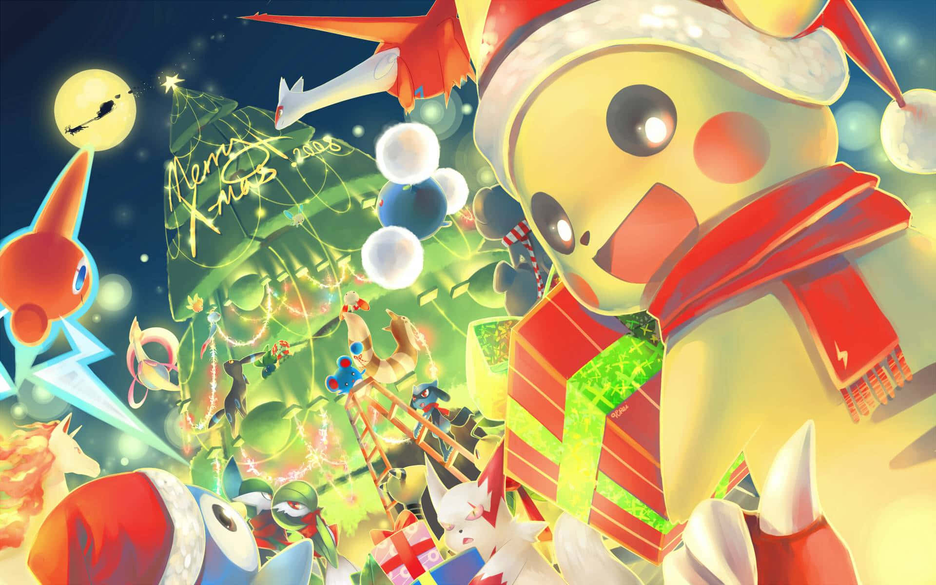 Pokemon Christmas 桌布 壁紙 — 一個節日動漫場景，皮卡丘戴著聖誕帽和圍巾，拿著禮物，被其他寶可夢圍繞，在星空下慶祝聖誕節。