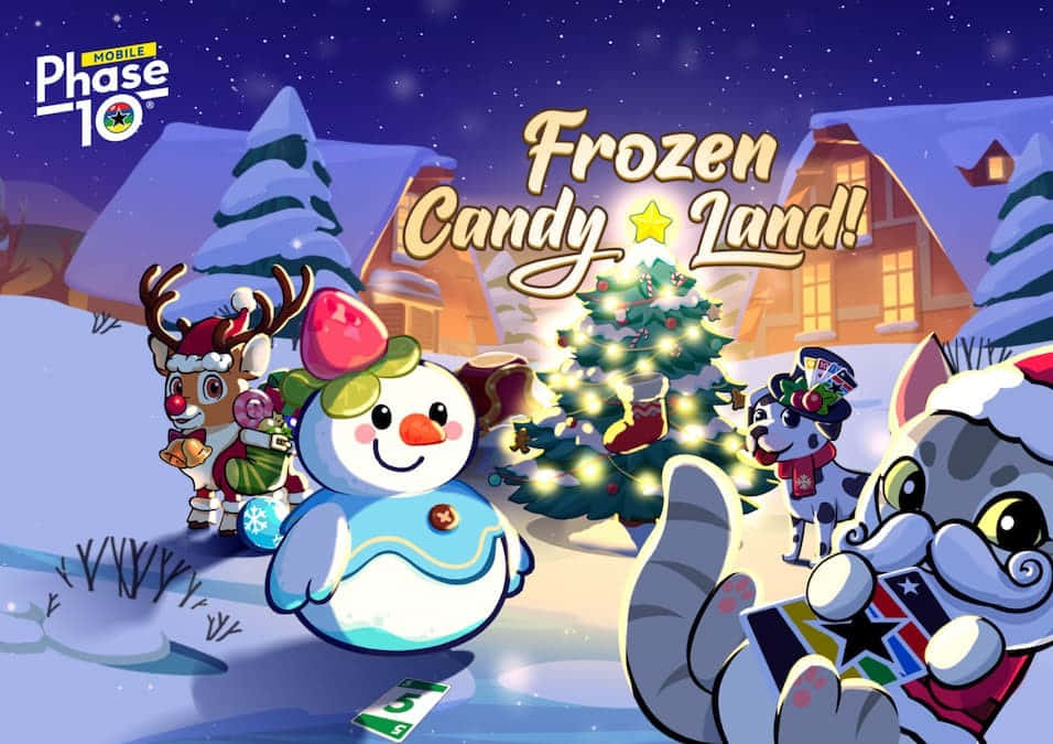 Candy Land 桌布 壁紙 — 一個節日卡通冬季場景，雪人、馴鹿和貓在星光燦爛的夜空下，在發光的聖誕樹附近玩紙牌。