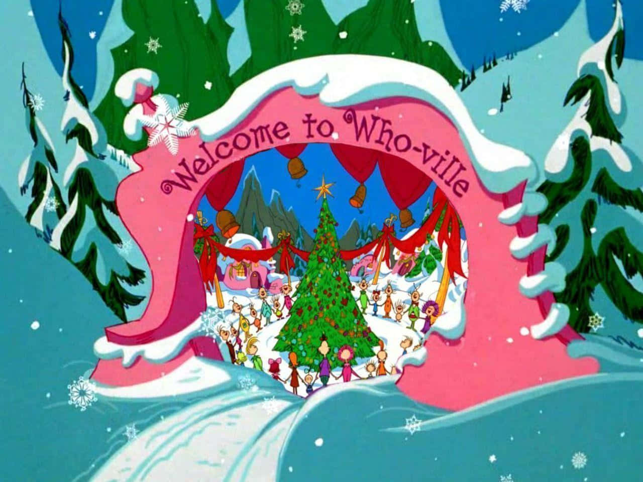 Whoville 桌布 壁紙 — 一個節日卡通拱門，上面寫著「歡迎來到Who-ville」，框住了一個有巨型聖誕樹和快樂居民的雪村。