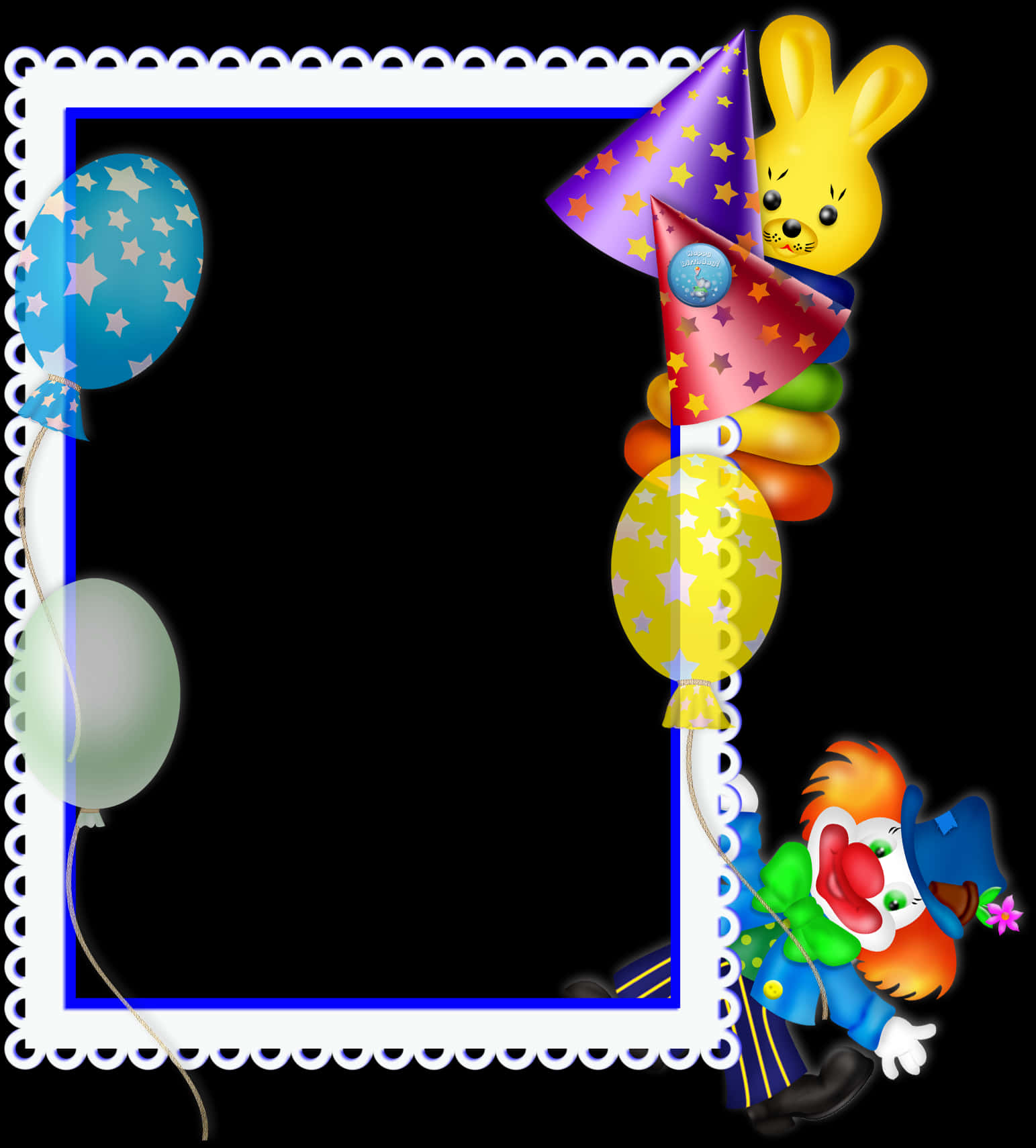 Happy Birthday Frames 桌布 壁紙 — 一個節日卡通框架，裝飾著氣球、小丑和拿著派對帽的兔子，背景為黑色。