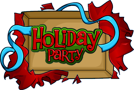 節日 桌布 壁紙 — 一個節日卡通標誌，上面寫著 Holiday Party，紅色和藍色絲帶在木框周圍旋轉。