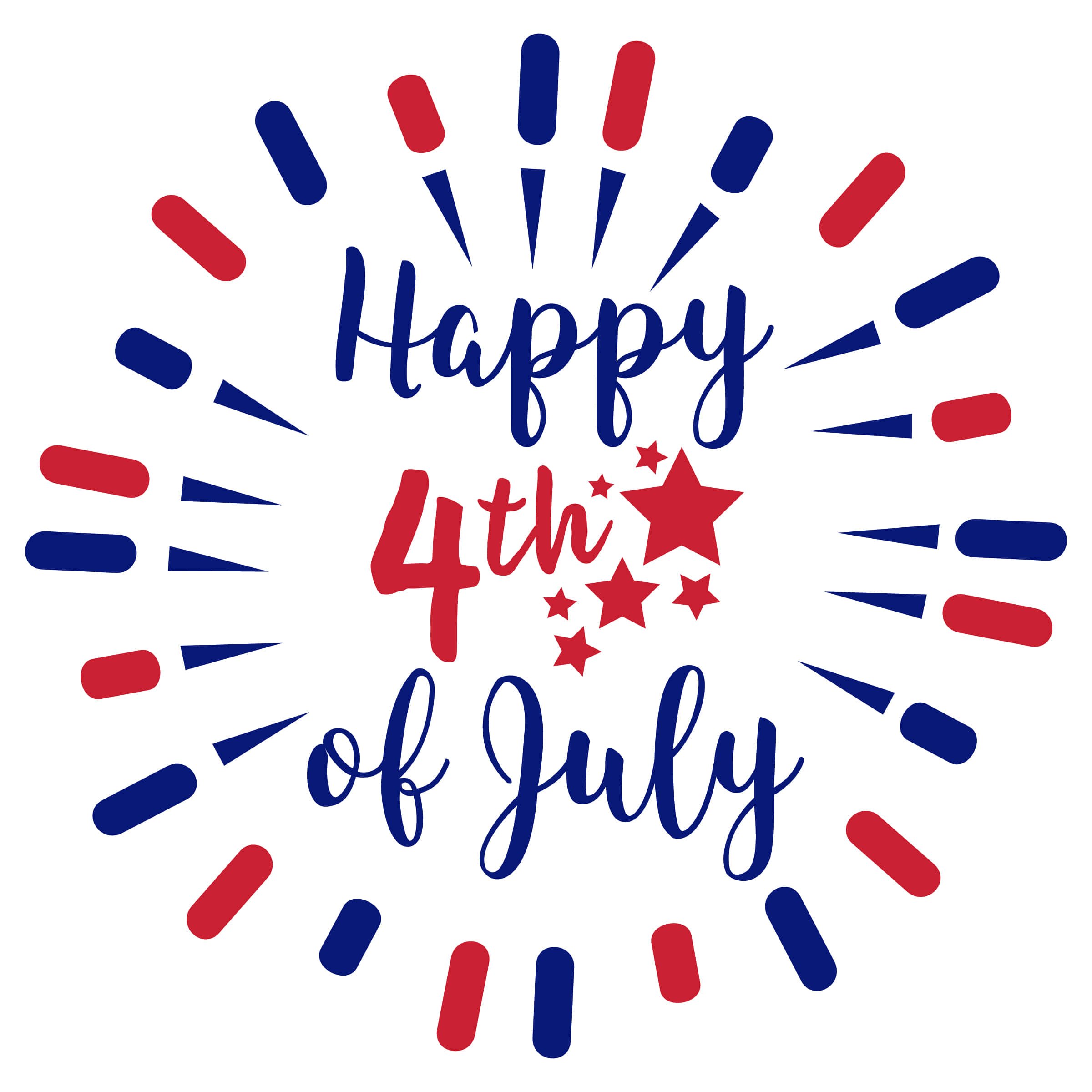Happy Fourth Of July 桌布 壁紙 — 一個節日圖形，上面有草書的「Happy 4th of July」，周圍環繞著紅色星星和藍紅色煙火爆發，背景為白色。