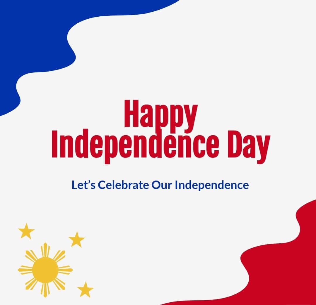 Independence 桌布 壁紙 — 一個節日圖形，白色背景上有粗體紅色文字「Happy Independence Day」，並帶有藍色和紅色的抽象波浪以及黃色的太陽和星星。
