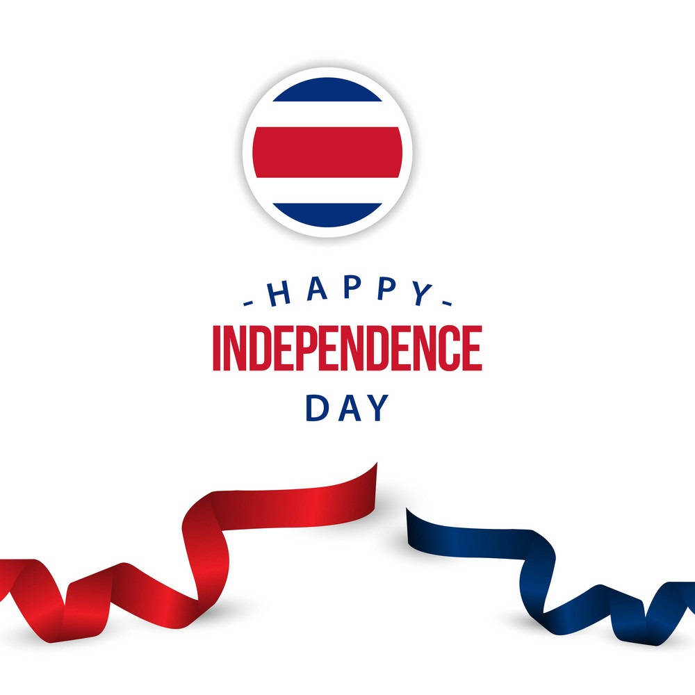 Independence 桌布 壁紙 — 一個節日圖形慶祝哥斯大黎加獨立日，帶有圓形國旗徽章和流動的紅色和藍色絲帶，背景為純白色。