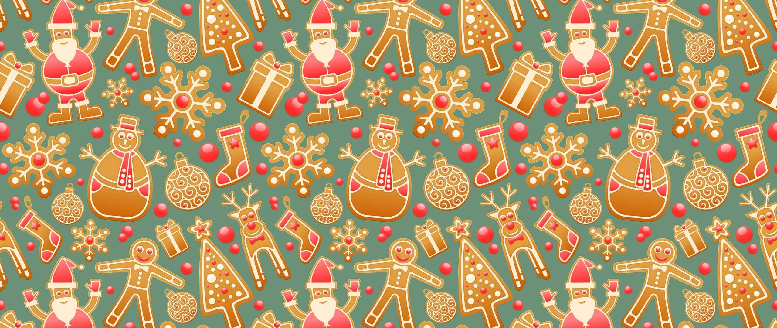 Christmas Pattern 桌布 壁紙 — 一個節日圖案，以薑餅人、雪人、馴鹿和裝飾品為特色，背景為青綠色。