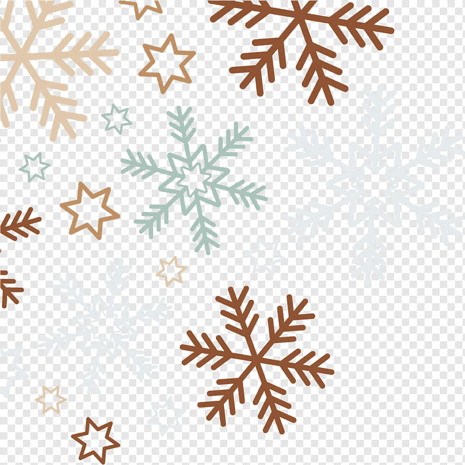 Snowflakes 桌布 壁紙 — 一個節日圖案，由棕色、米色和薄荷色的雪花和星星散落在透明背景上。