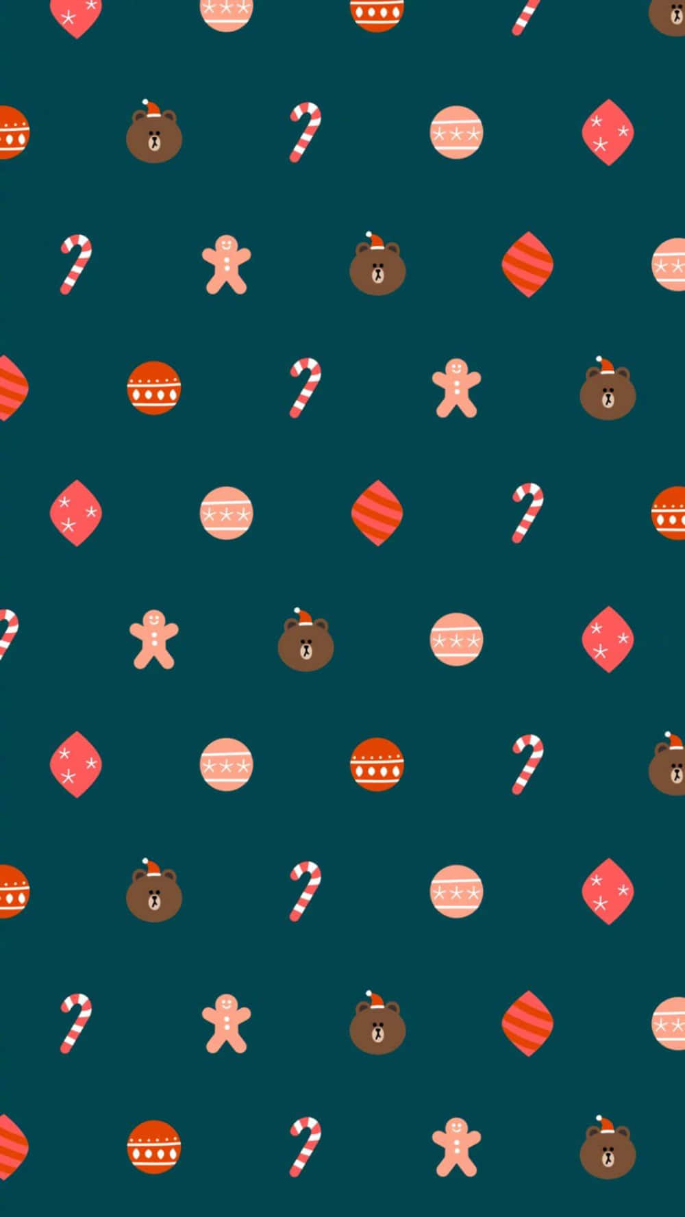 Cute Simple Christmas 桌布 壁紙 — 一個節日圖案，由薑餅人、拐杖糖和裝飾品散落在深青綠色背景上組成。