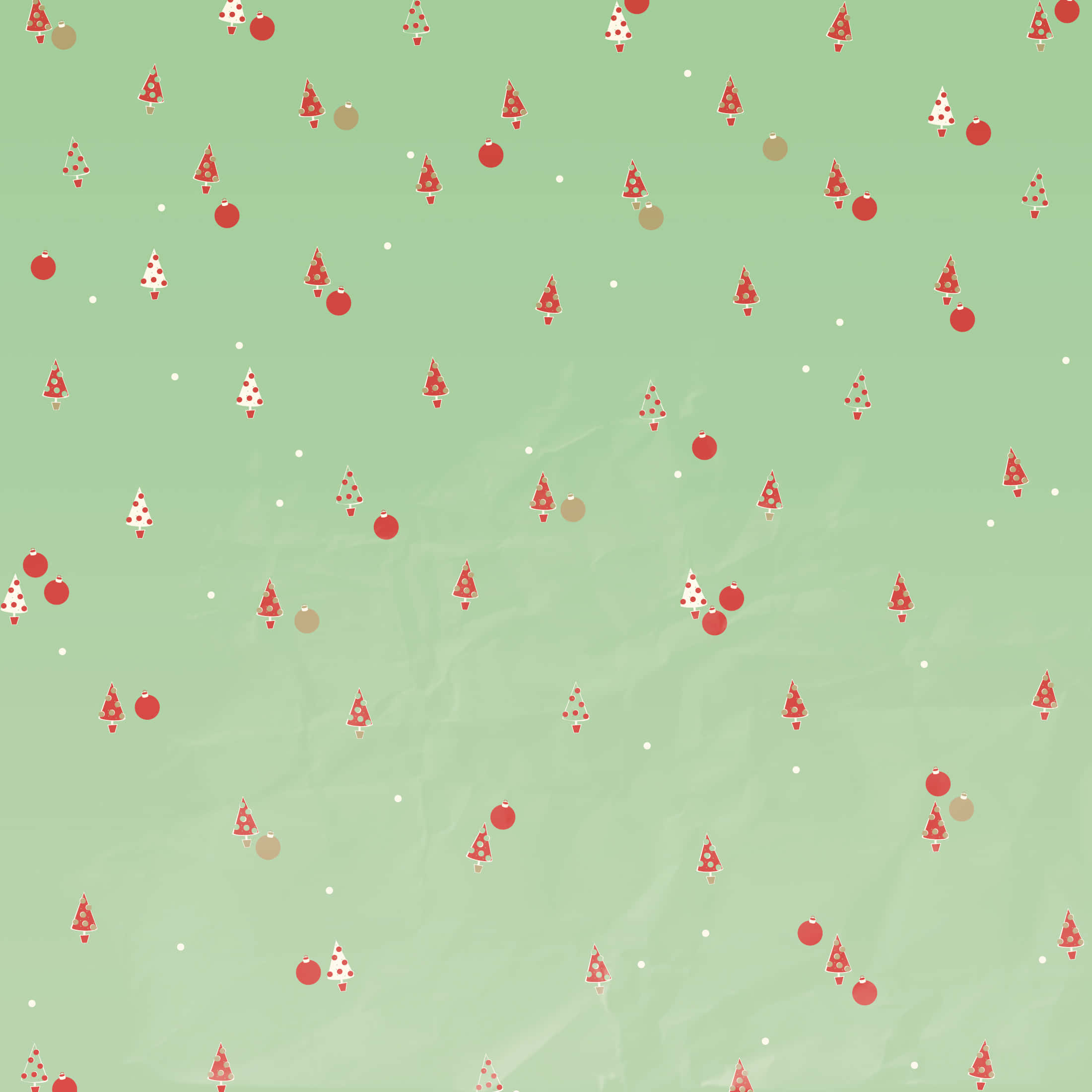Cute Simple Christmas 桌布 壁紙 — 一個節日圖案，紅色和白色的聖誕樹和裝飾品散落在柔和的薄荷綠色紋理背景上。