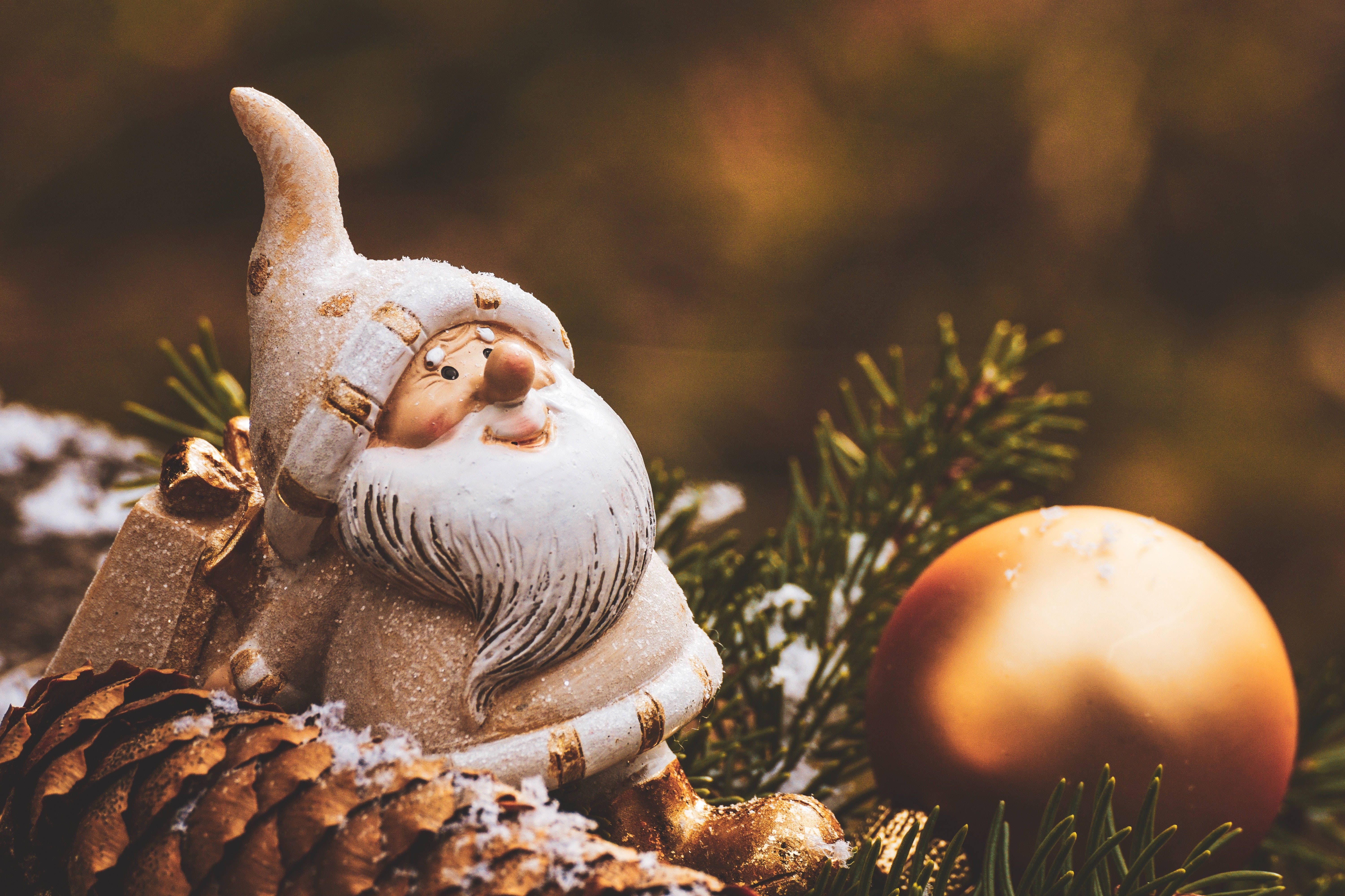 Santa Claus 桌布 壁紙 — 一個節日地精公仔，帶有雪白的鬍鬚，坐在雪枝上，旁邊有松果和金色裝飾品。
