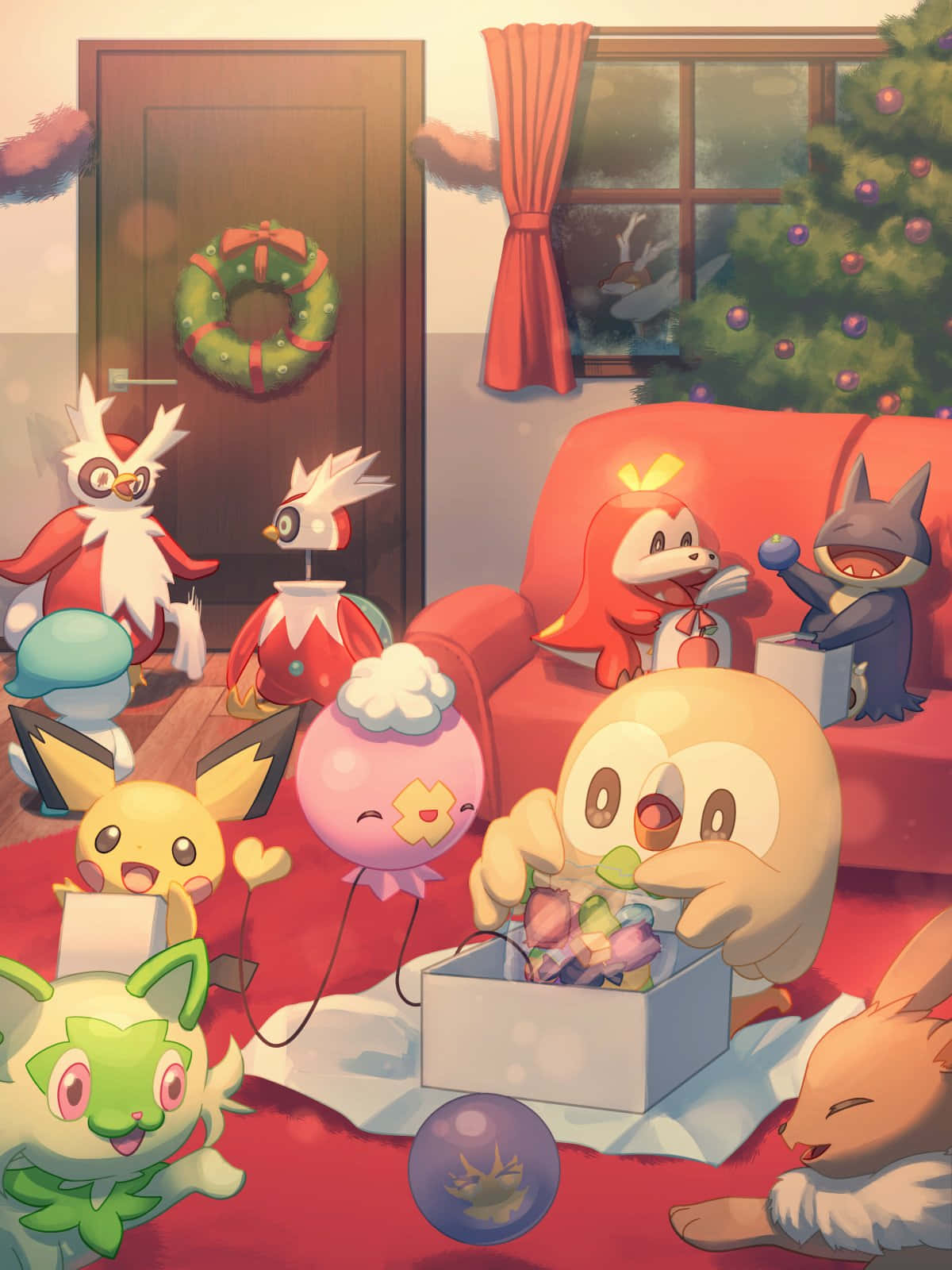 Christmas Party 桌布 壁紙 — 一個節日場景，卡通寶可夢聚集在舒適的客廳中的聖誕樹和禮物周圍。