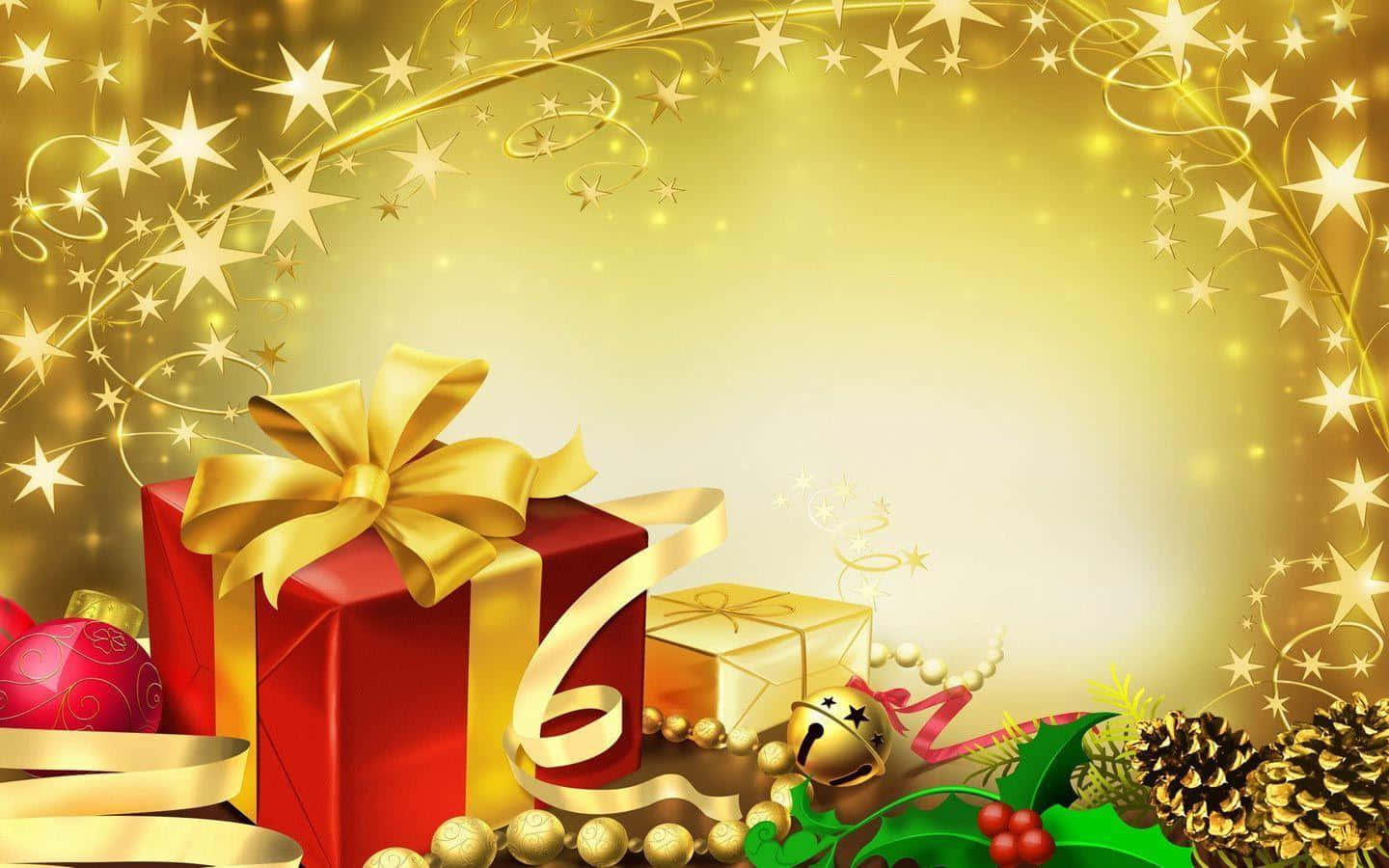 聖誕節 桌布 壁紙 — 一個節日場景，有紅色和金色的禮物、松果、冬青和閃爍的星星，背景是耀眼的金色。