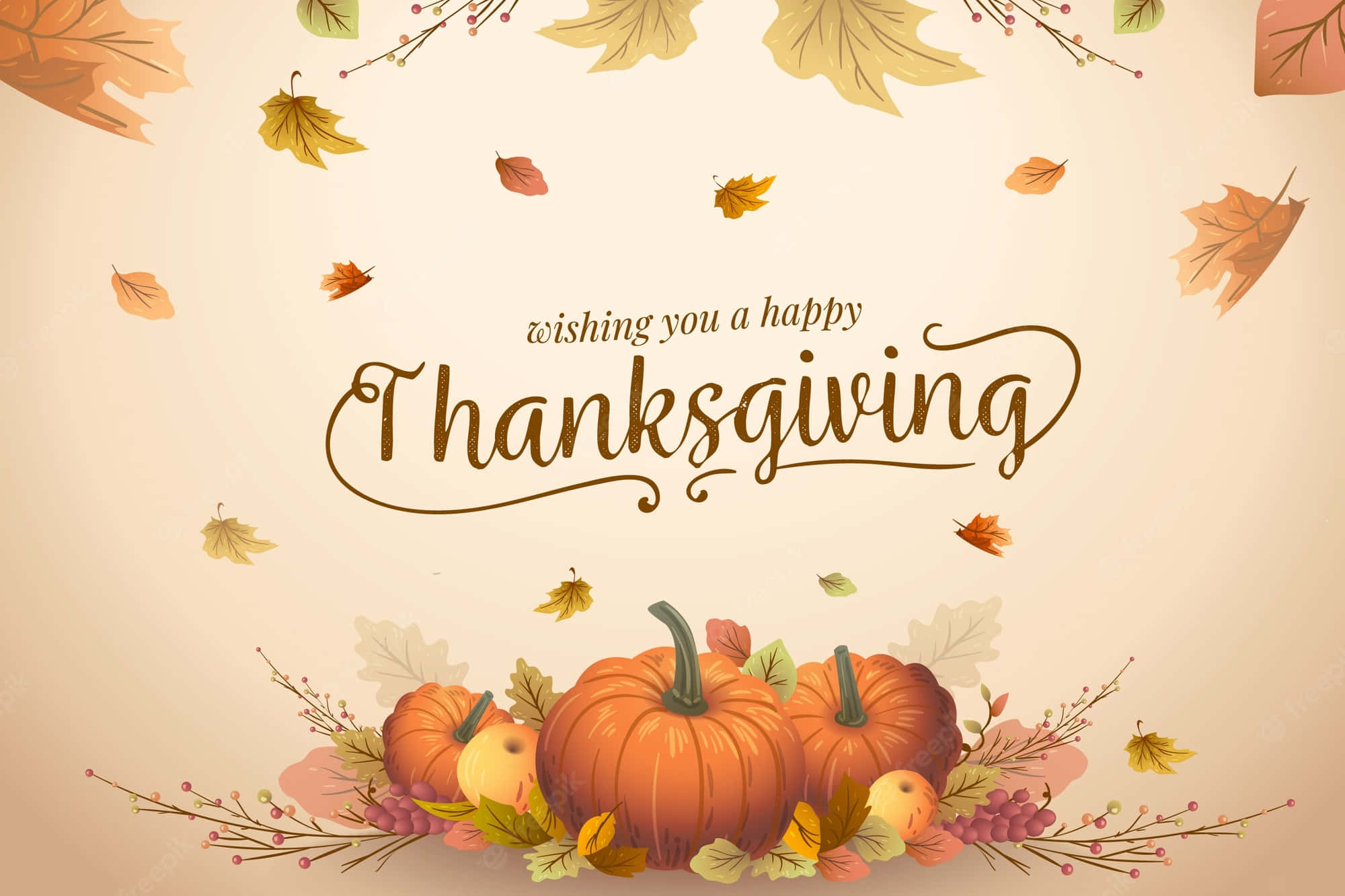 Beautiful Thanksgiving 桌布 壁紙 — 一個節日感恩節問候，以南瓜、蘋果和飄落的秋葉為特色，背景是溫暖的米色。