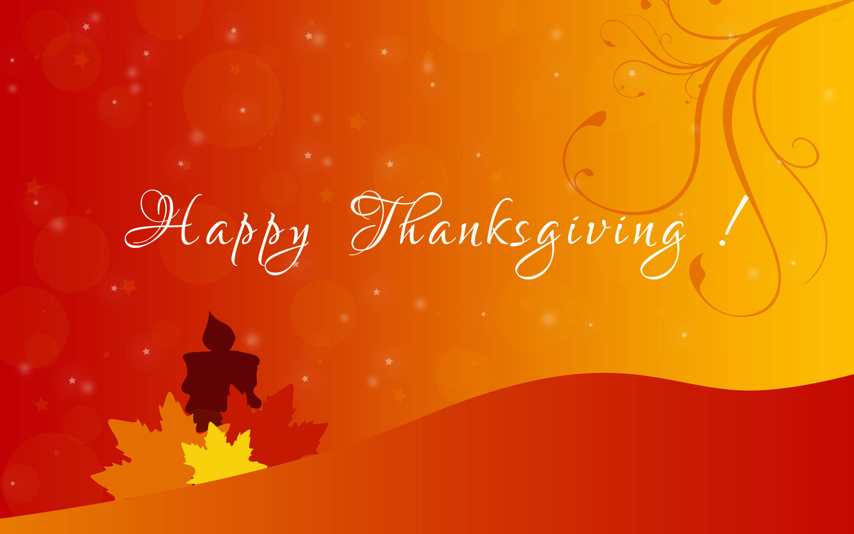 Cute Thanksgiving 桌布 壁紙 — 一個節日感恩節問候，以火雞剪影站在秋葉上，背景為溫暖的漸變色。