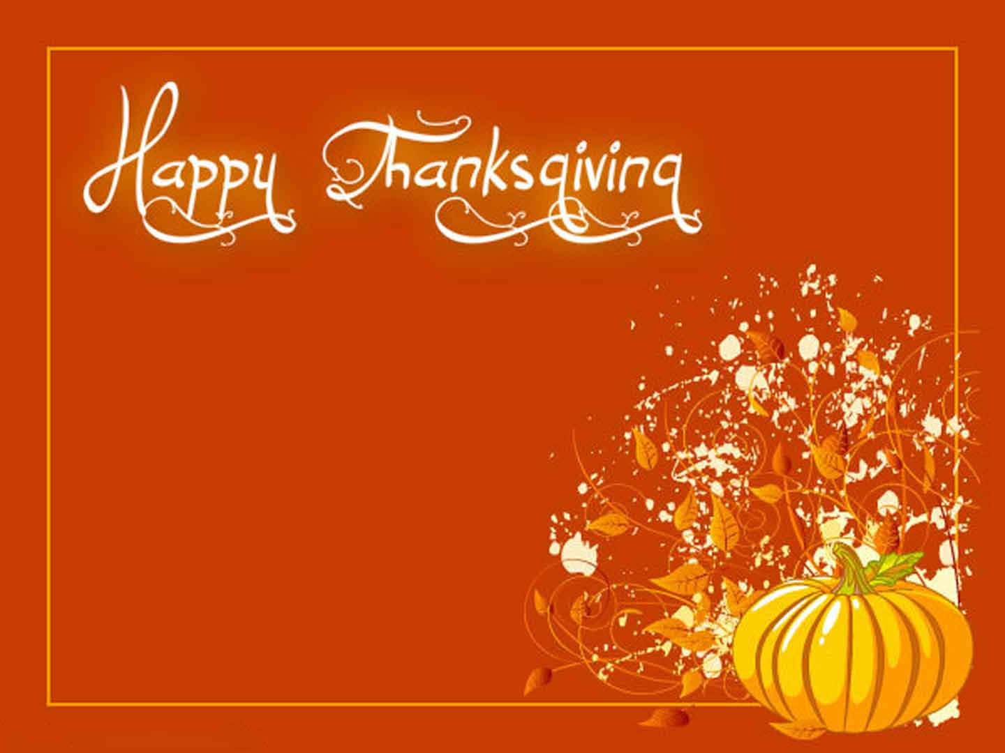 Thanksgiving 桌布 壁紙 — 一個節日感恩節問候，帶有發光的南瓜和秋葉，背景為溫暖的橙色。