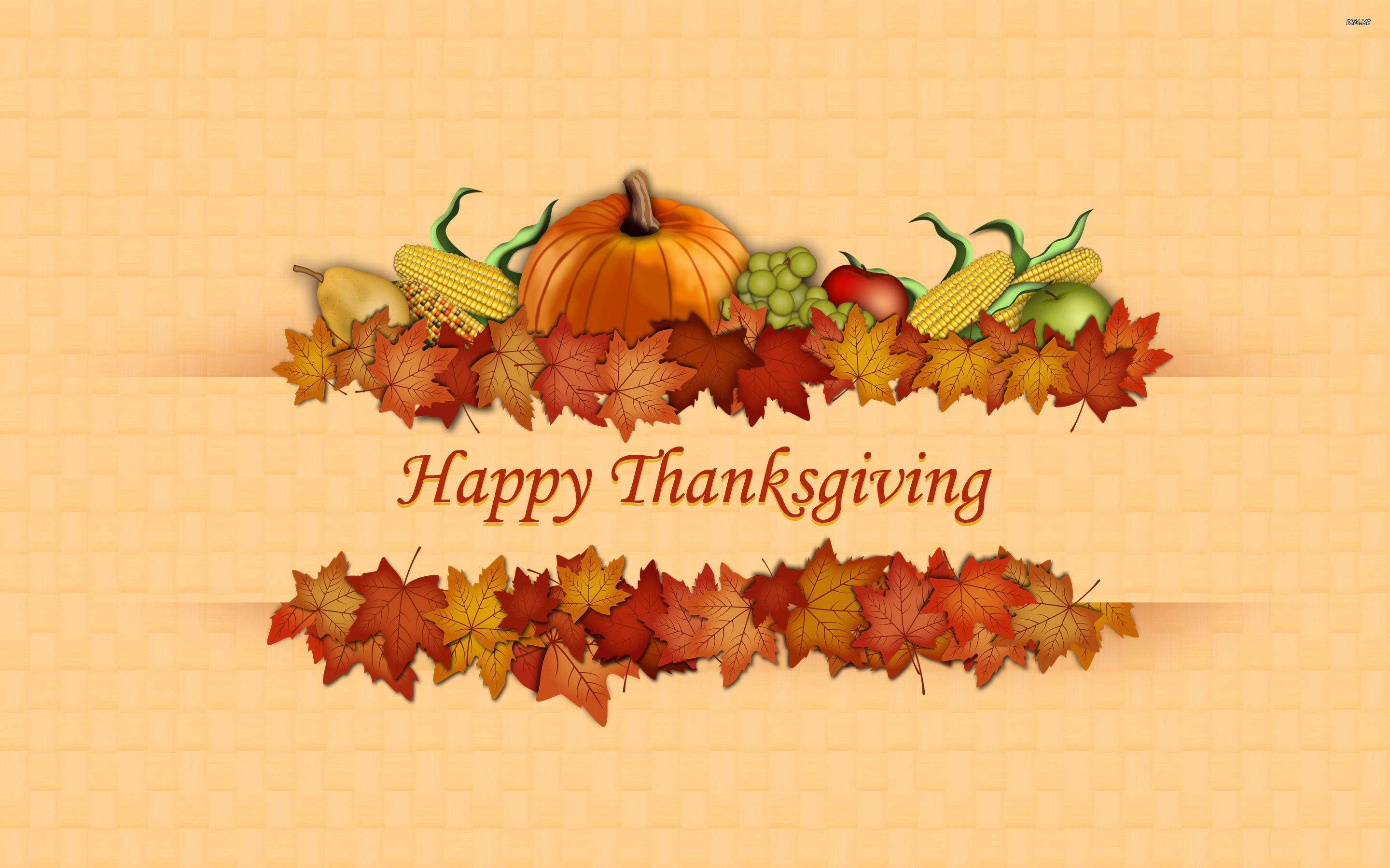 Happy Thanksgiving 桌布 壁紙 — 一個節日感恩節橫幅，上面有南瓜、玉米、蘋果和秋葉，背景是編織的米色。