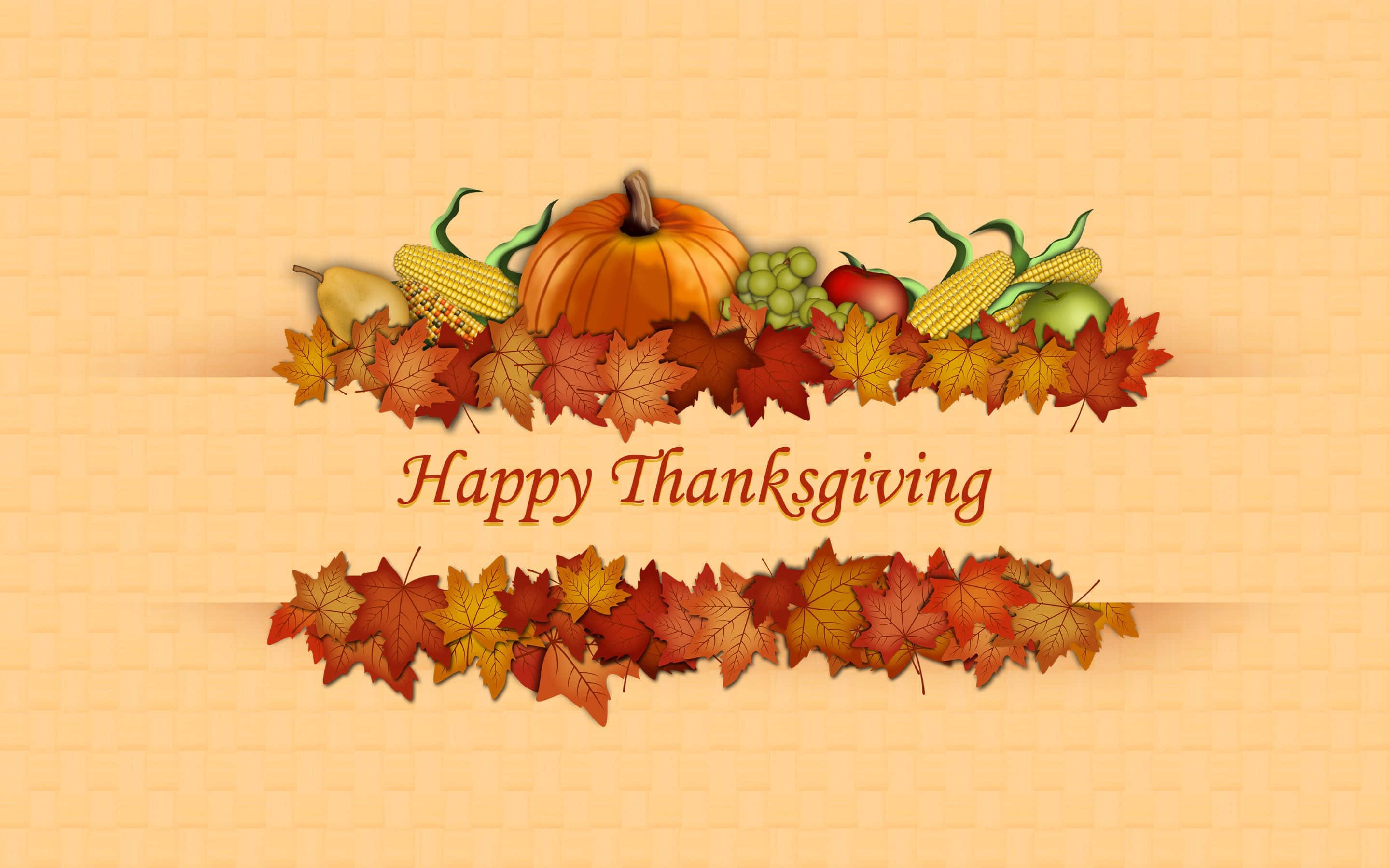Thanksgiving 桌布 壁紙 — 一個節日感恩節橫幅，上面有南瓜、玉米、蘋果和秋葉，背景是編織米色。