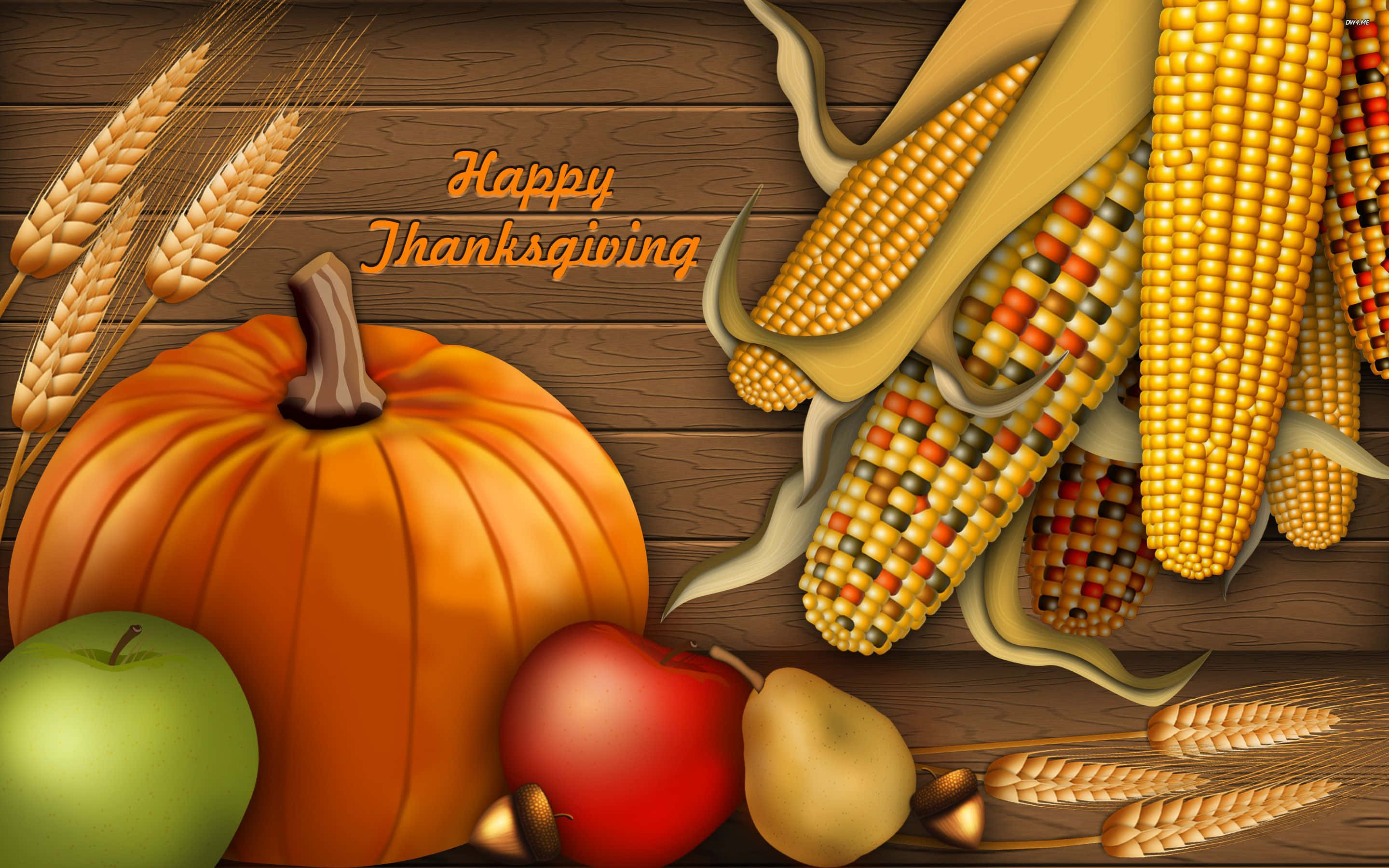 Beautiful Thanksgiving 桌布 壁紙 — 一個節日感恩節靜物，南瓜、玉米、蘋果和小麥放在鄉村木質背景上。