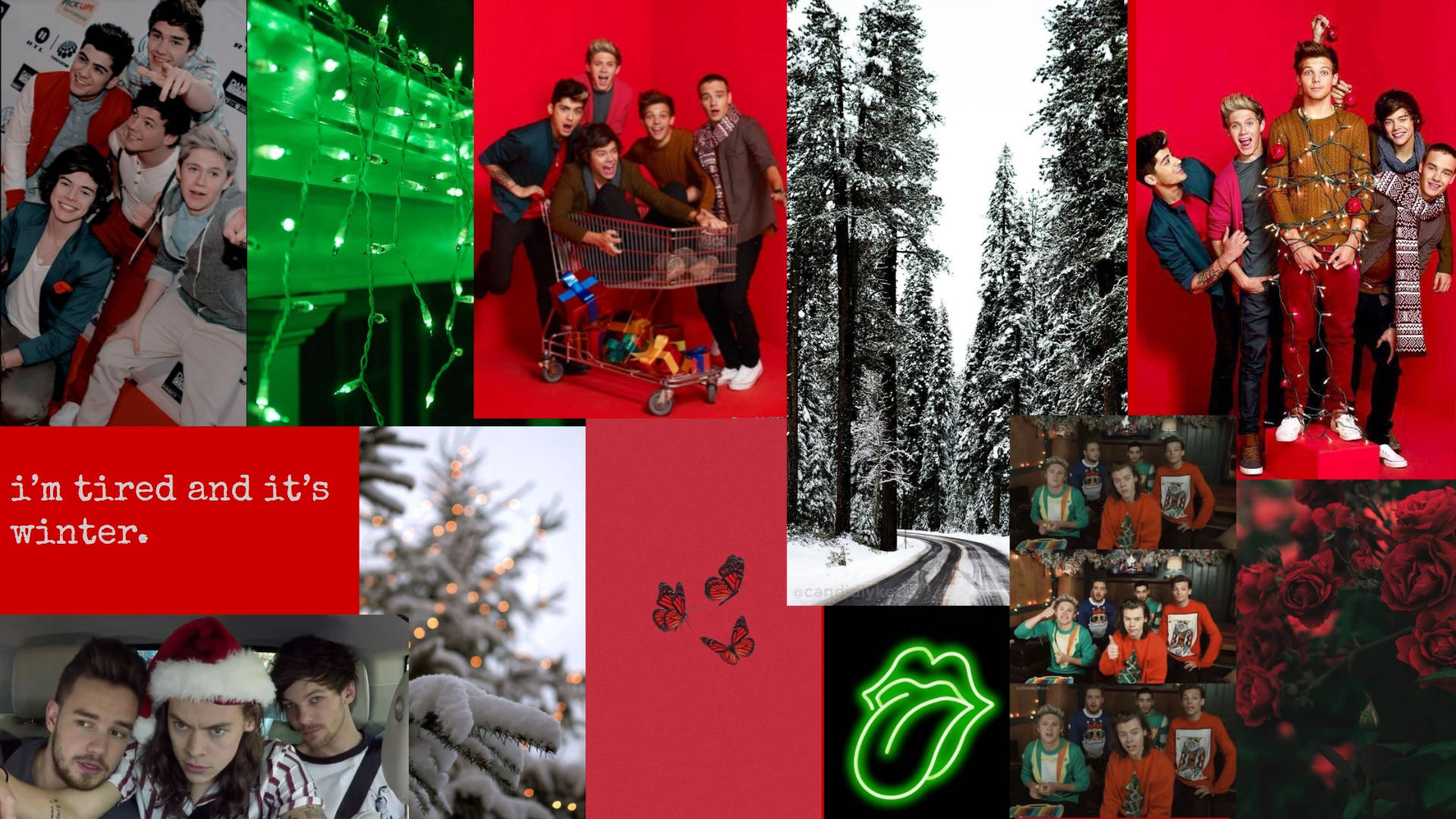 Christmas Collage 桌布 壁紙 — 一個節日拼貼，以One Direction為主題的節日照片、白雪覆蓋的樹木、發光的綠色燈光和紅玫瑰。