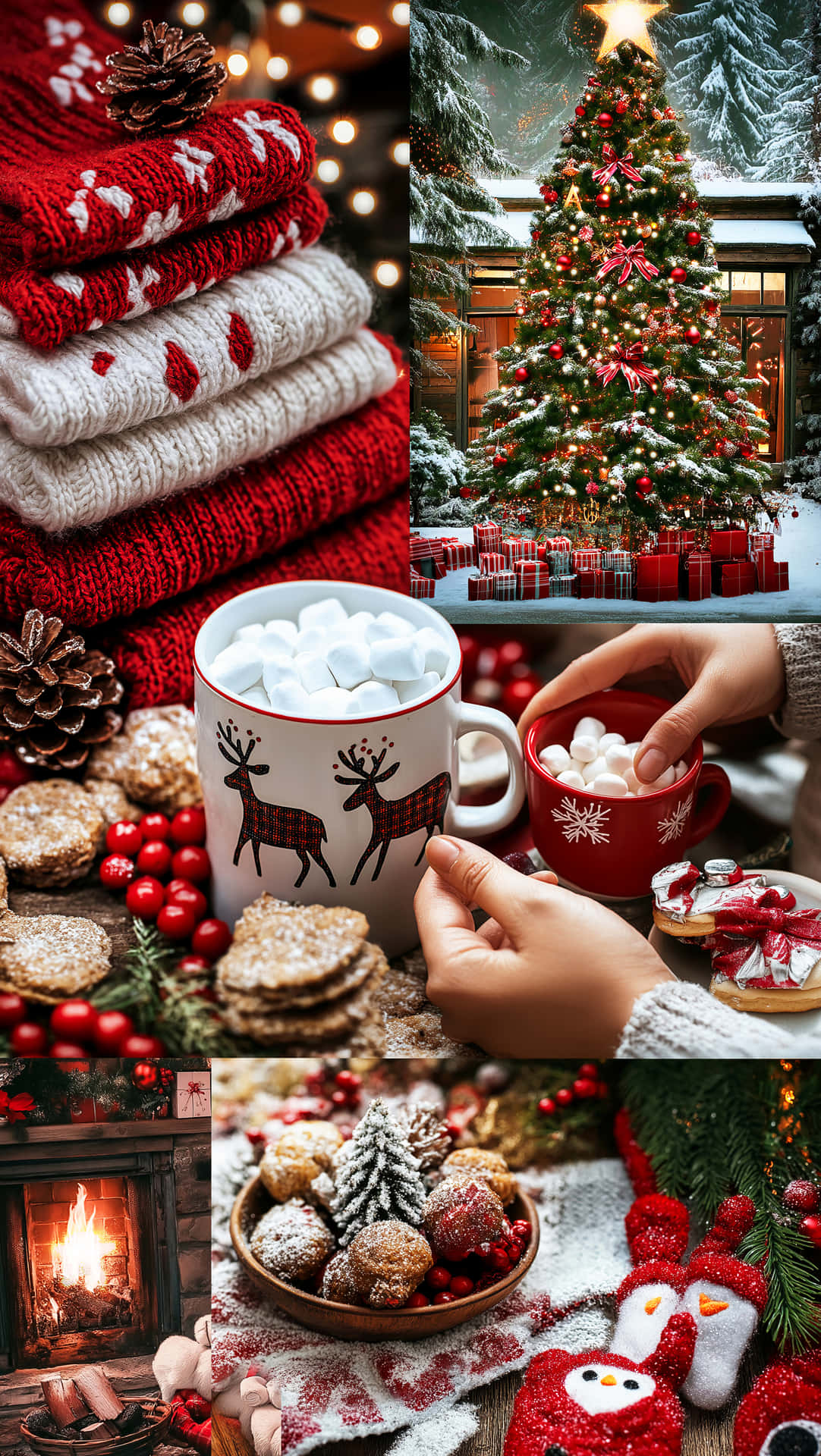 Christmas Wallpapers 壁紙 — 一個節日拼貼展示了舒適的針織毛衣、松果、熱可可配棉花糖、餅乾，以及一個點燃的壁爐，旁邊是一棵被雪覆蓋的聖誕樹，裝飾著紅色蝴蝶結和燈光。