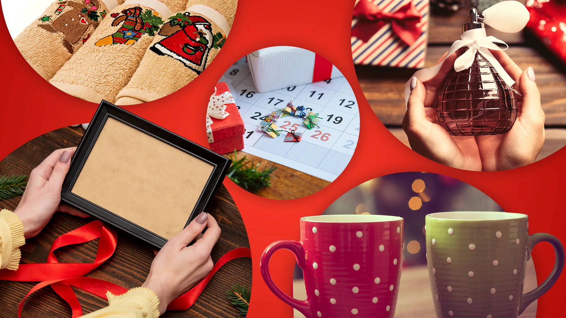 Christmas Collage 桌布 壁紙 — 一個節日拼貼畫，包含節日禮物、馬克杯、日曆和手持禮物，背景為大膽的紅色。