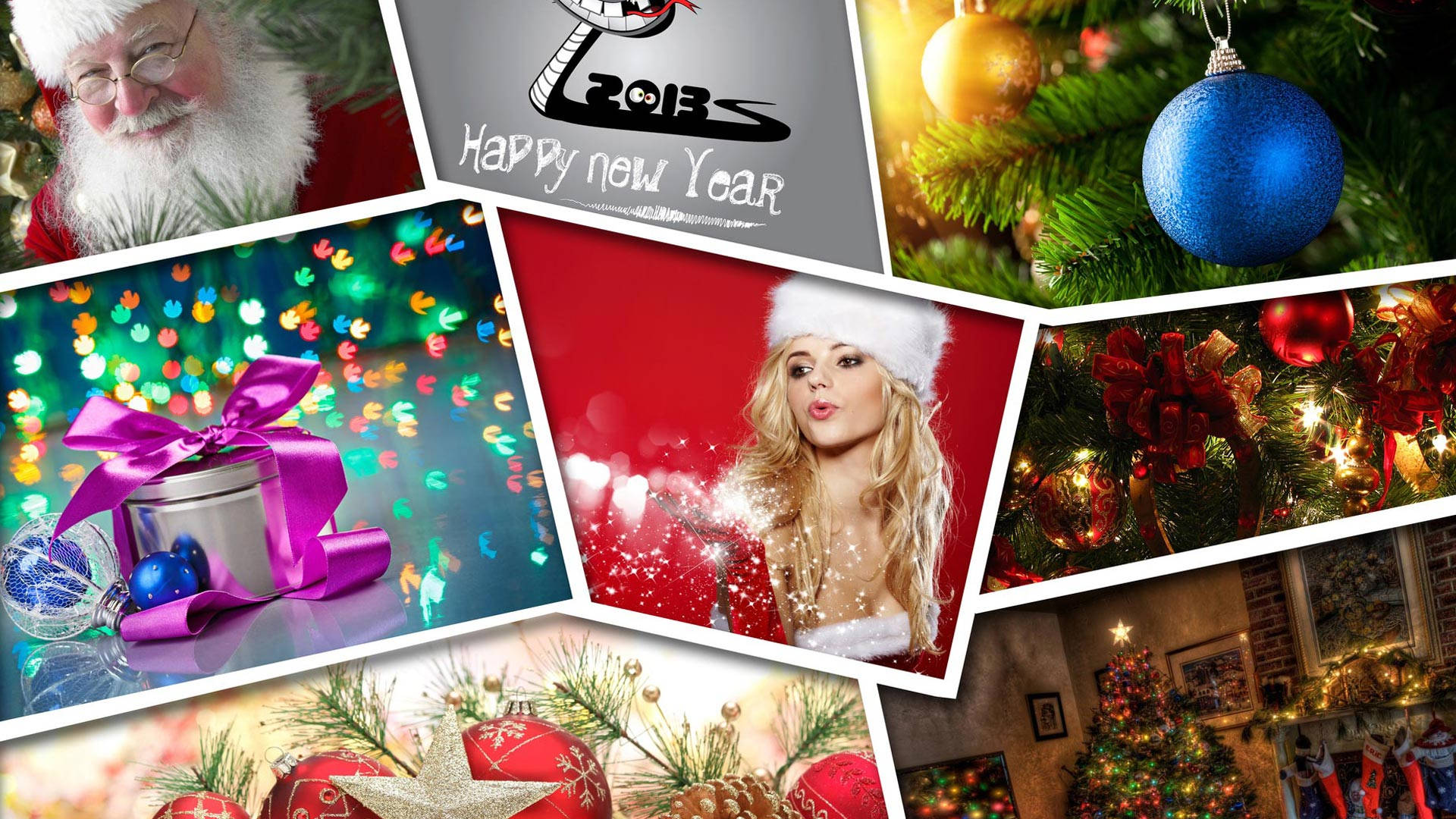 Christmas Collage 桌布 壁紙 — 一個節日拼貼畫，包含聖誕老人、禮物、裝飾品和一位戴聖誕帽的女性。