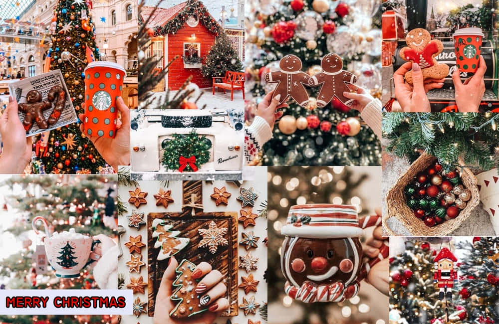Gingerbread House 桌布 壁紙 — 一個節日拼貼畫，包含薑餅餅乾、裝飾品、馬克杯和裝飾著溫暖節日燈光的聖誕樹等聖誕主題物品。