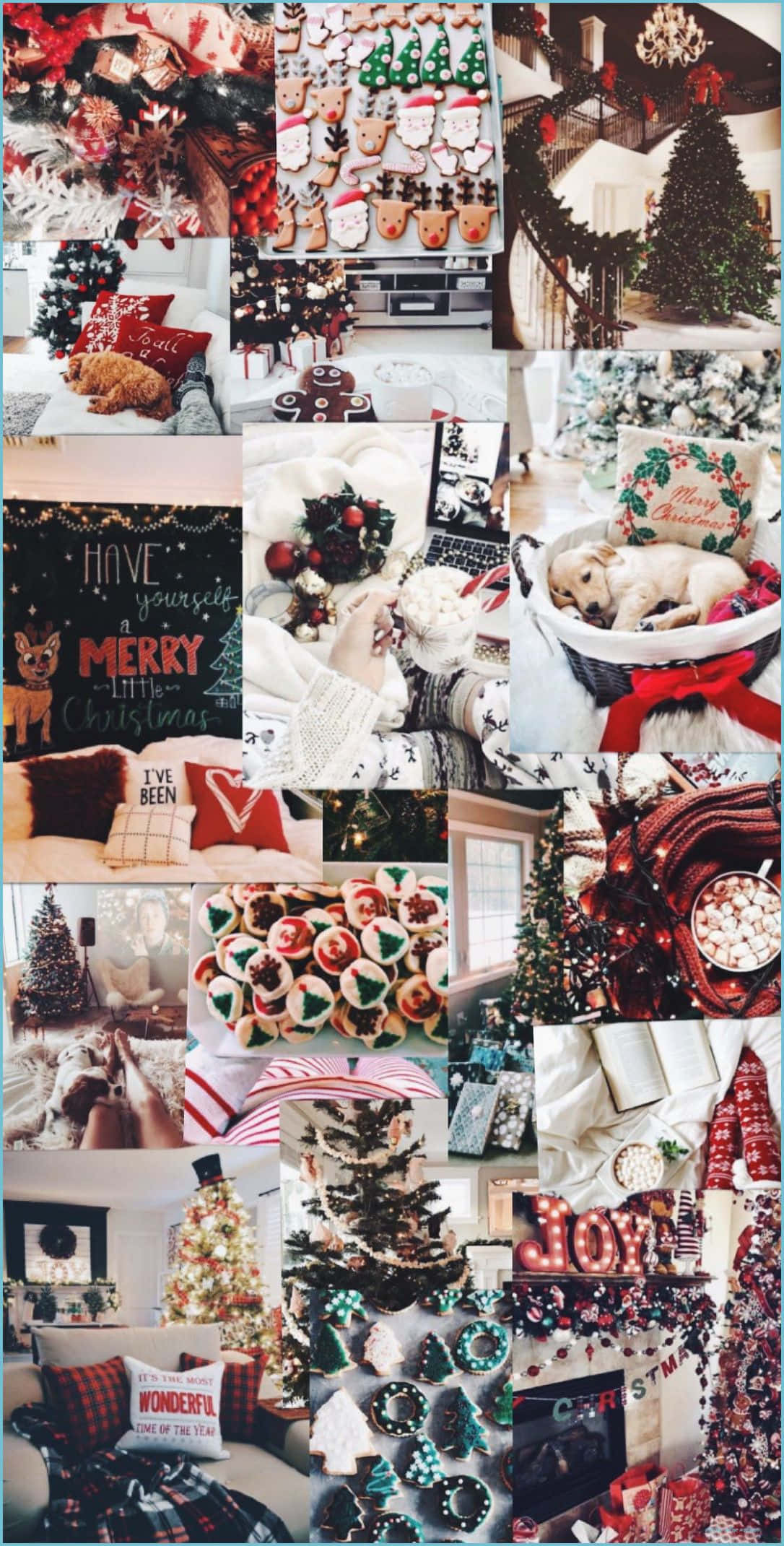 Winter Aesthetic Collage 桌布 壁紙 — 一個節日拼貼畫，包含裝飾好的聖誕樹、薑餅餅乾、舒適的寵物和溫暖的節日裝飾。