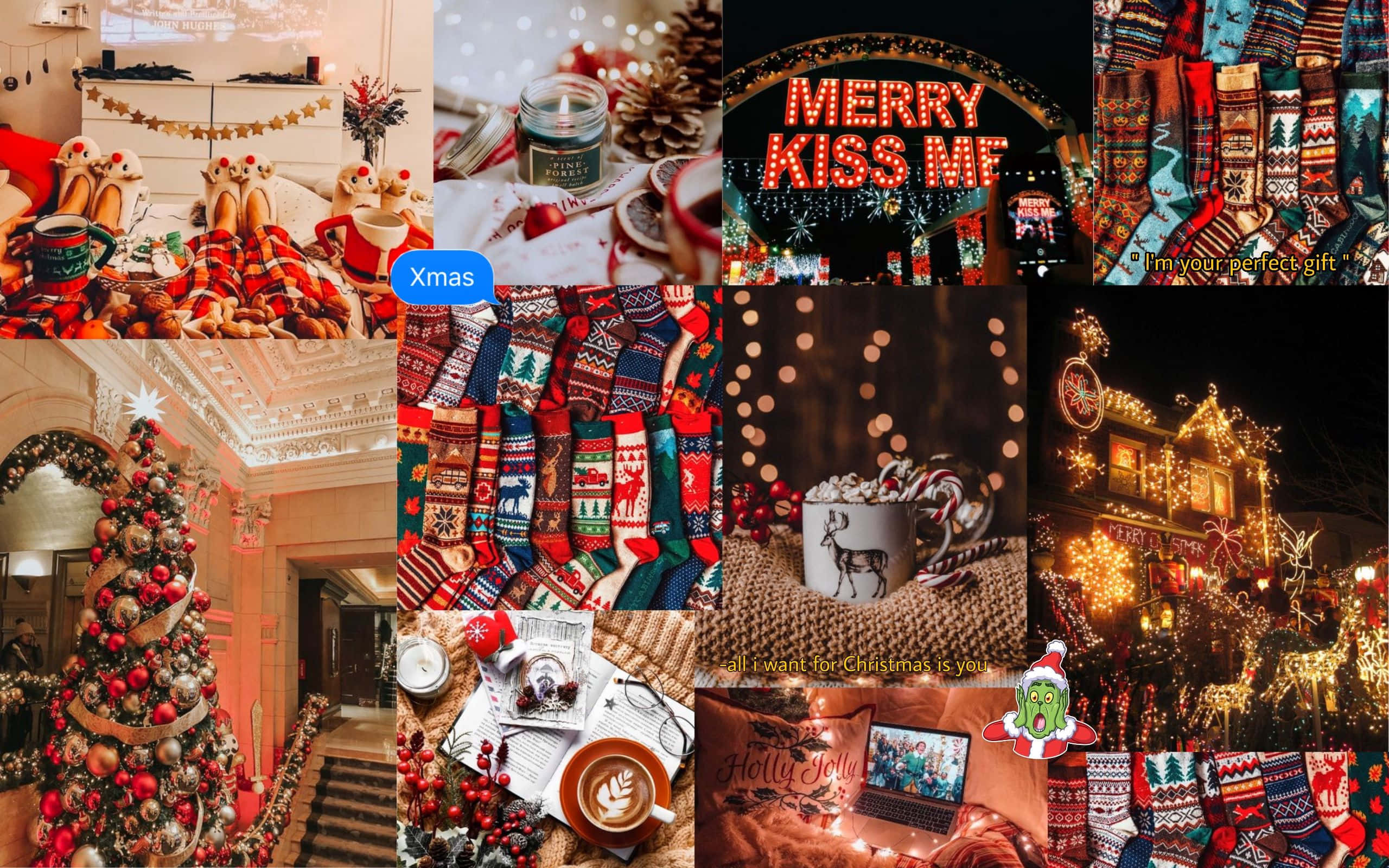 Aesthetic Christmas Laptop 桌布 壁紙 — 一個節日拼貼畫，包括聖誕襪、燈飾、聖誕樹和溫馨的節日場景。
