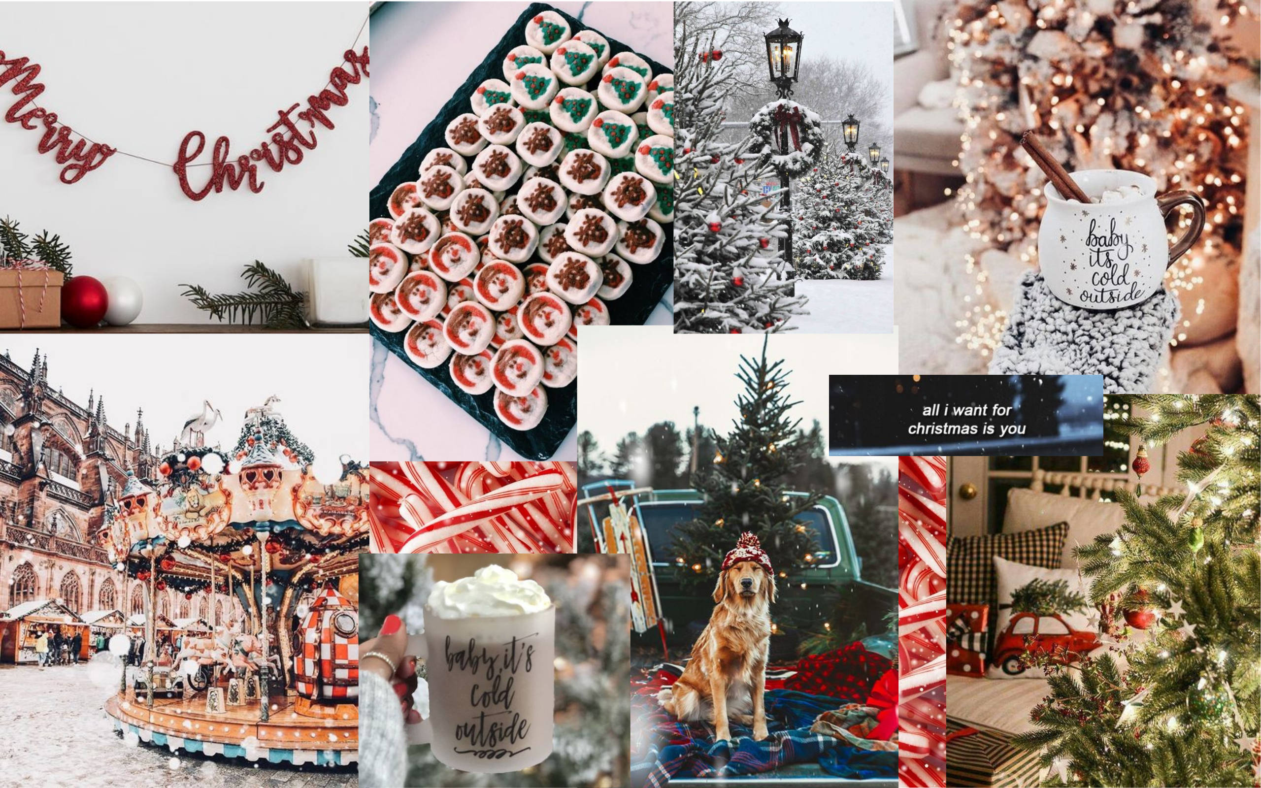 Christmas Collage 桌布 壁紙 — 一個節日拼貼畫，展示聖誕場景，包括裝飾樹、舒適的杯子、拐杖糖和穿著節日裝備的金毛尋回犬。