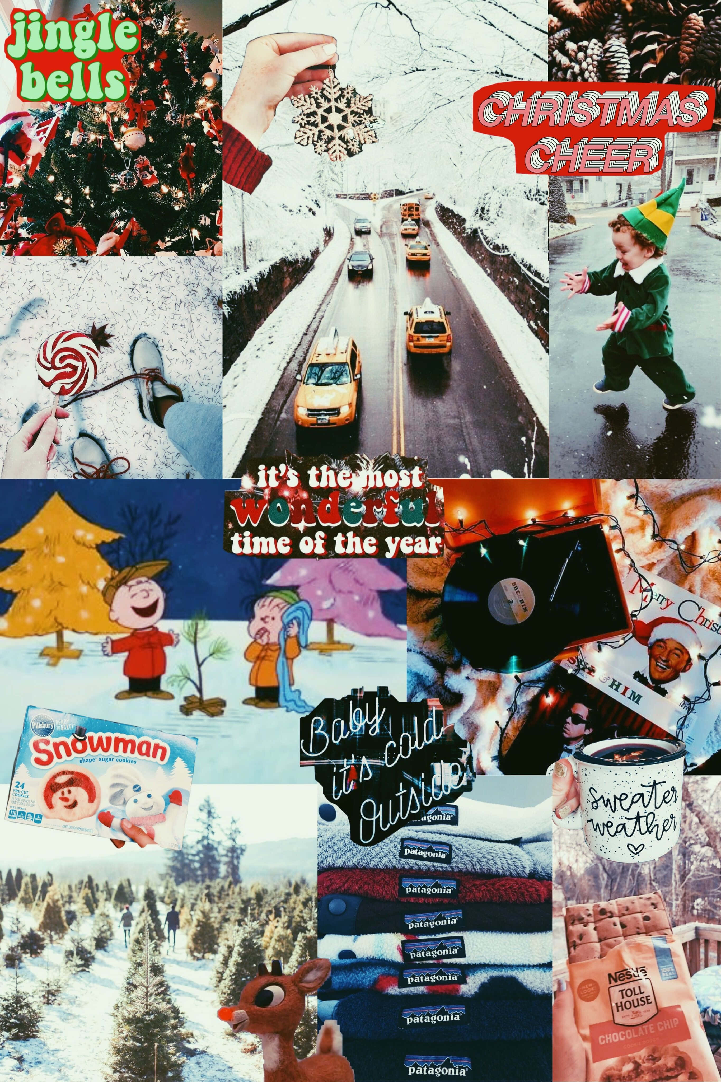 Winter Aesthetic Collage 桌布 壁紙 — 一個節日拼貼畫，展示雪景聖誕場景，包括裝飾品、小孩、雪人和節日小吃。