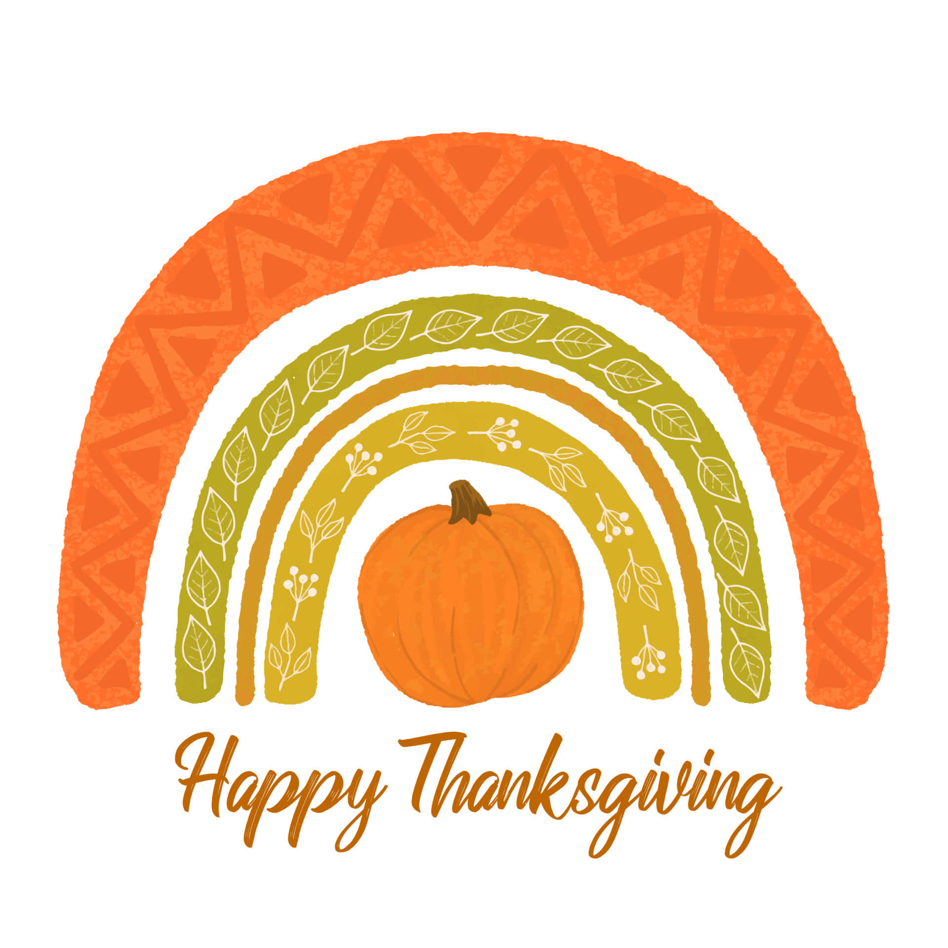 Fall Thanksgiving 桌布 壁紙 — 一個節日插圖，南瓜居中於三層彩虹下，帶有葉子和幾何圖案。
