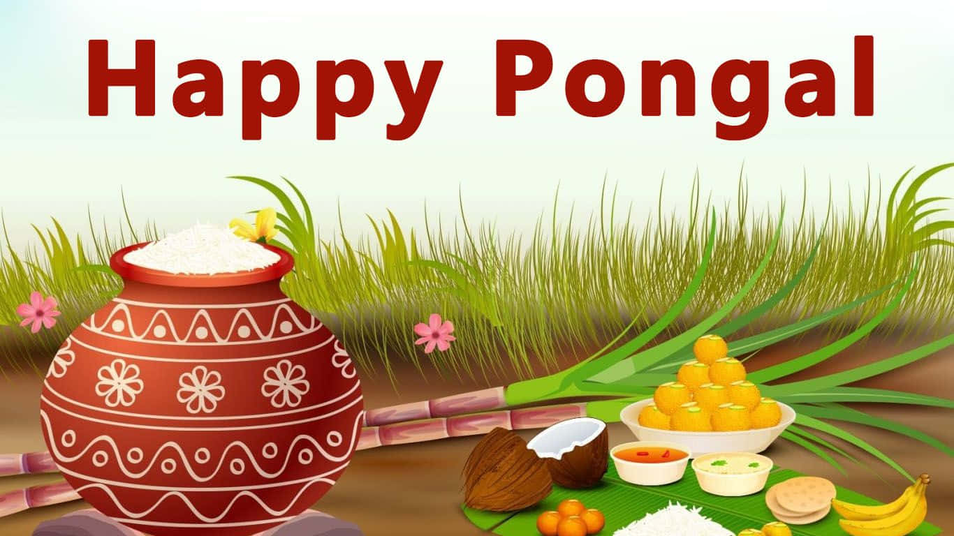 Pongal 桌布 壁紙 — 一個節日插圖，描繪一個紅色裝飾鍋，裡面裝滿了米飯，周圍環繞著Pongal祭品和熱帶植物。