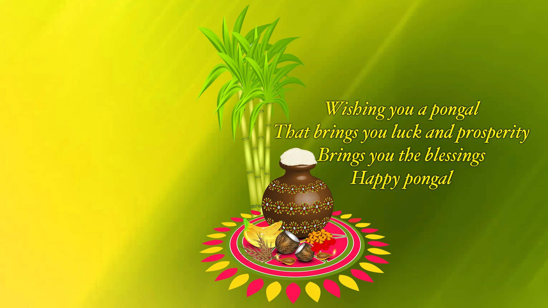 Pongal 桌布 壁紙 — 一個節日插圖，描繪傳統的豐收節鍋、甘蔗和祭品放在色彩繽紛的圓形墊子上，背景是明亮的黃綠漸層色。