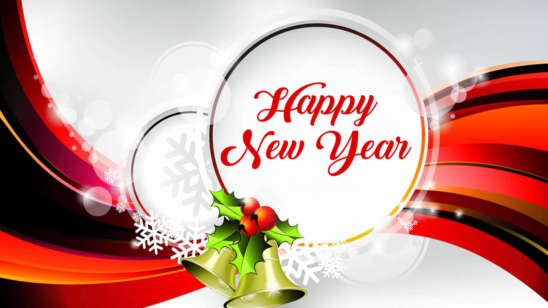新年 桌布 壁紙 — 一個節日數位賀卡，白色圓圈內有紅色草書「Happy New Year」，兩側有冬青漿果、鈴鐺和雪花，背景是旋轉的紅色、黑色和白色抽象波浪。