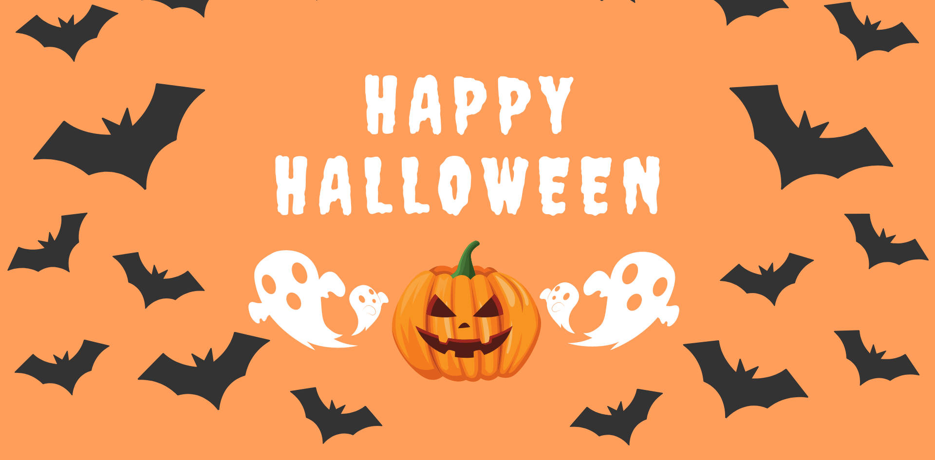 Happy Halloween 桌布 壁紙 — 一個節日橙色背景上有一個微笑的傑克南瓜燈，兩側有鬼魂，黑色蝙蝠飛舞，粗體白色文字寫著萬聖節快樂。