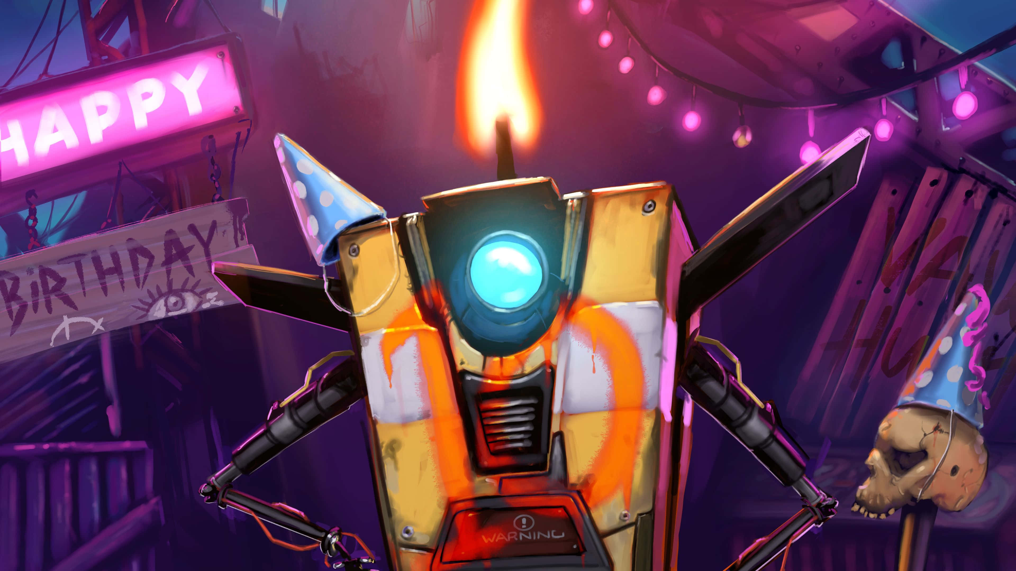 Borderlands 3 桌布 壁紙 — 一個節日機器人，頭頂點燃的蠟燭和派對帽，站在霓虹燈下，身處粗糙的城市生日場景中。