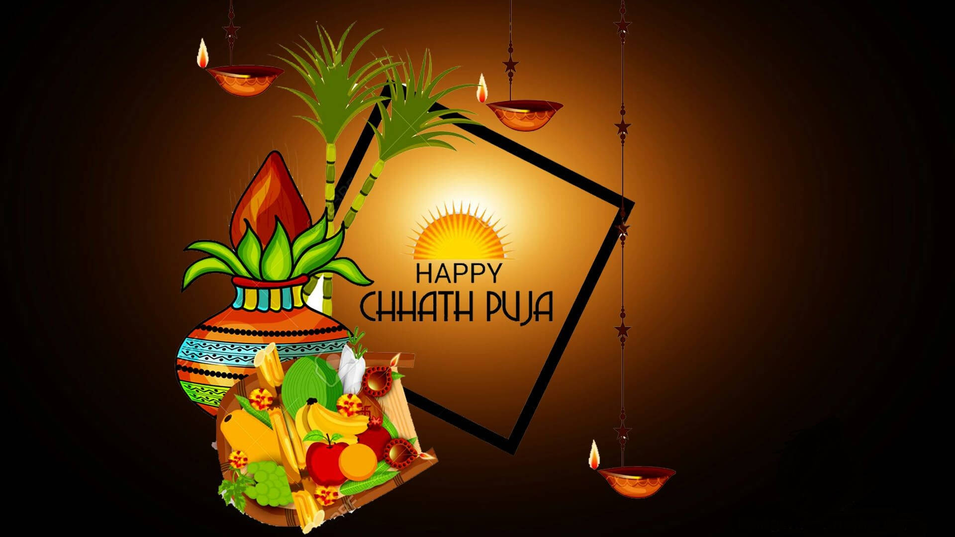 藝術 桌布 壁紙 — 一個節日氣氛濃厚的Chhath Puja慶祝活動，裝飾有kalash、懸掛的diyas，以及在發光太陽圖案下的供品。