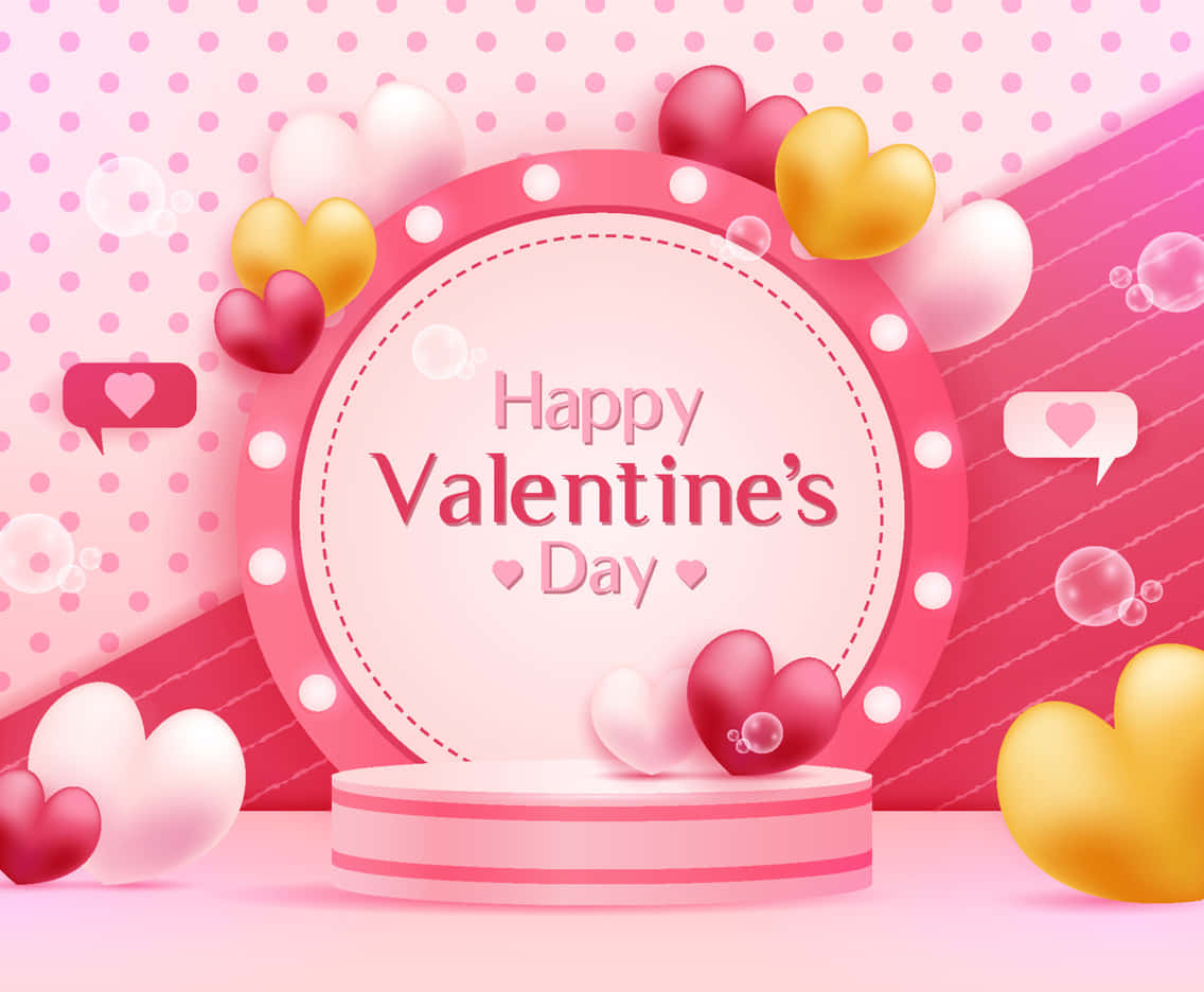 Happy Valentines Day 桌布 壁紙 — 一個節日氣氛濃厚的情人節場景，粉紅色圓形舞台上展示著被漂浮的心形和對話氣泡包圍的祝福語。