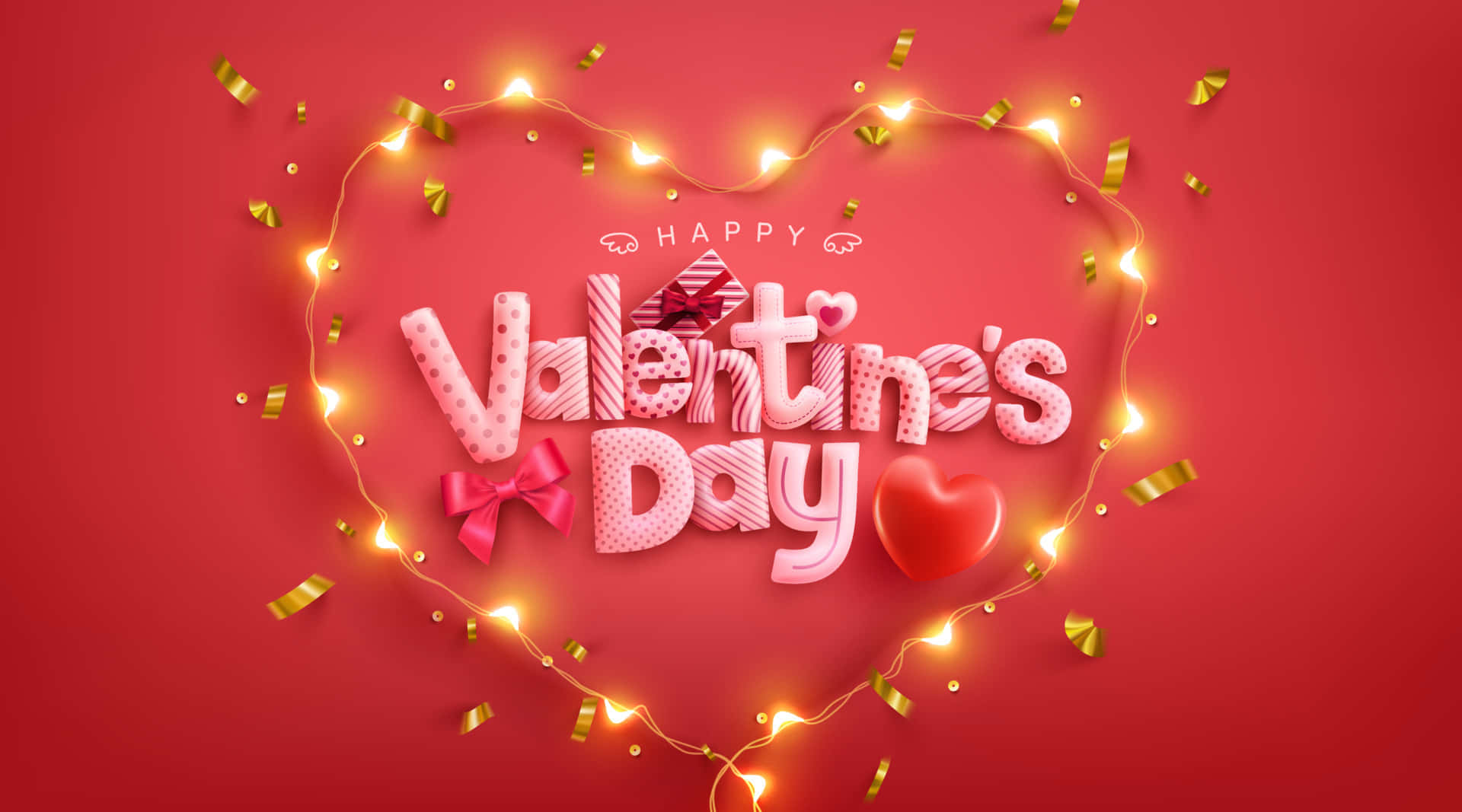 Cute Happy Valentine Day 桌布 壁紙 — 一個節日氣氛濃厚的情人節祝福，以3D粉紅色文字為主，周圍環繞著發光的燈光和金色紙屑，背景為紅色。