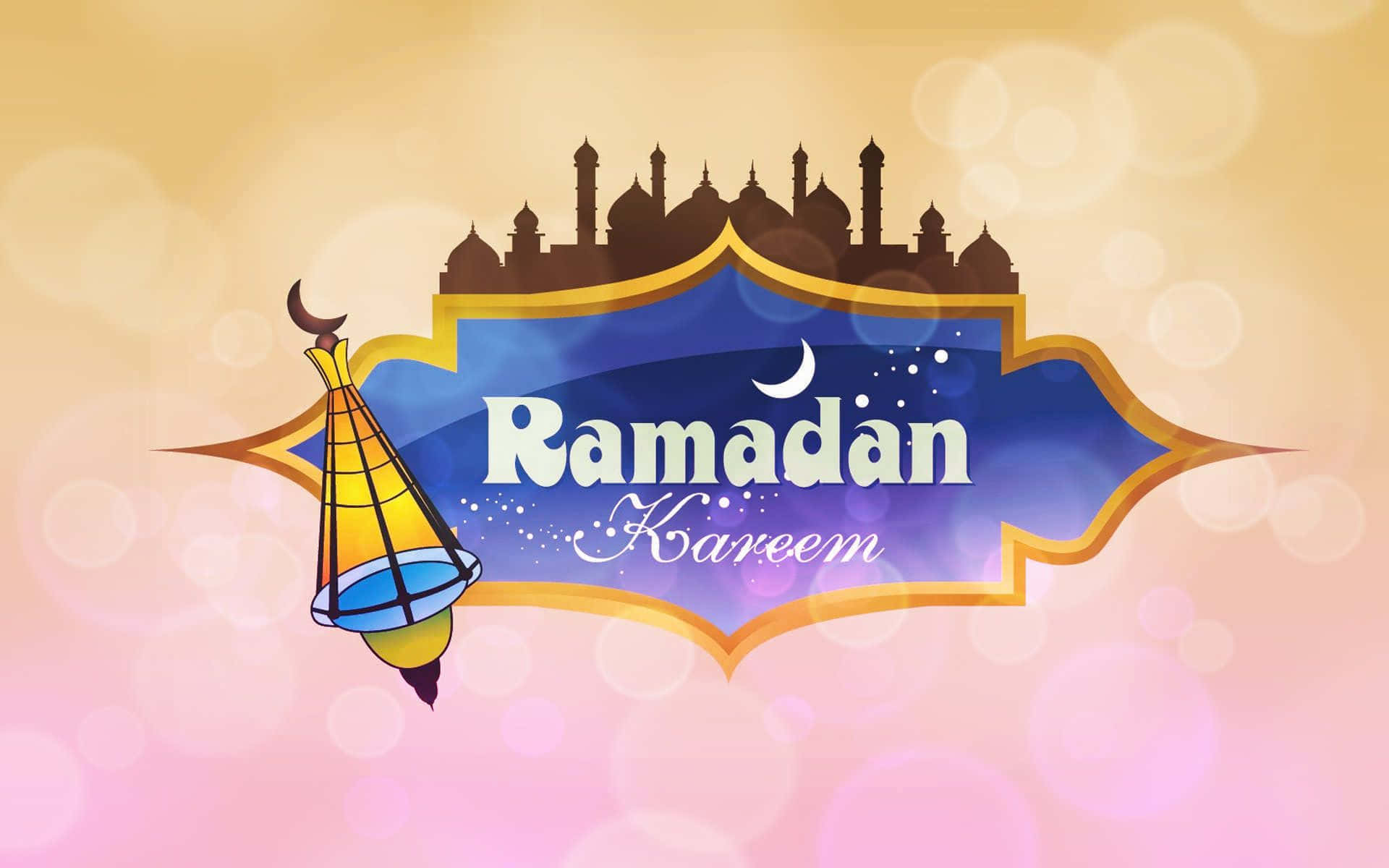 Ramadan 桌布 壁紙 — 一個節日氣氛的 Ramadan Kareem 圖案，帶有發光的燈籠和清真寺剪影，背景為柔和散景。