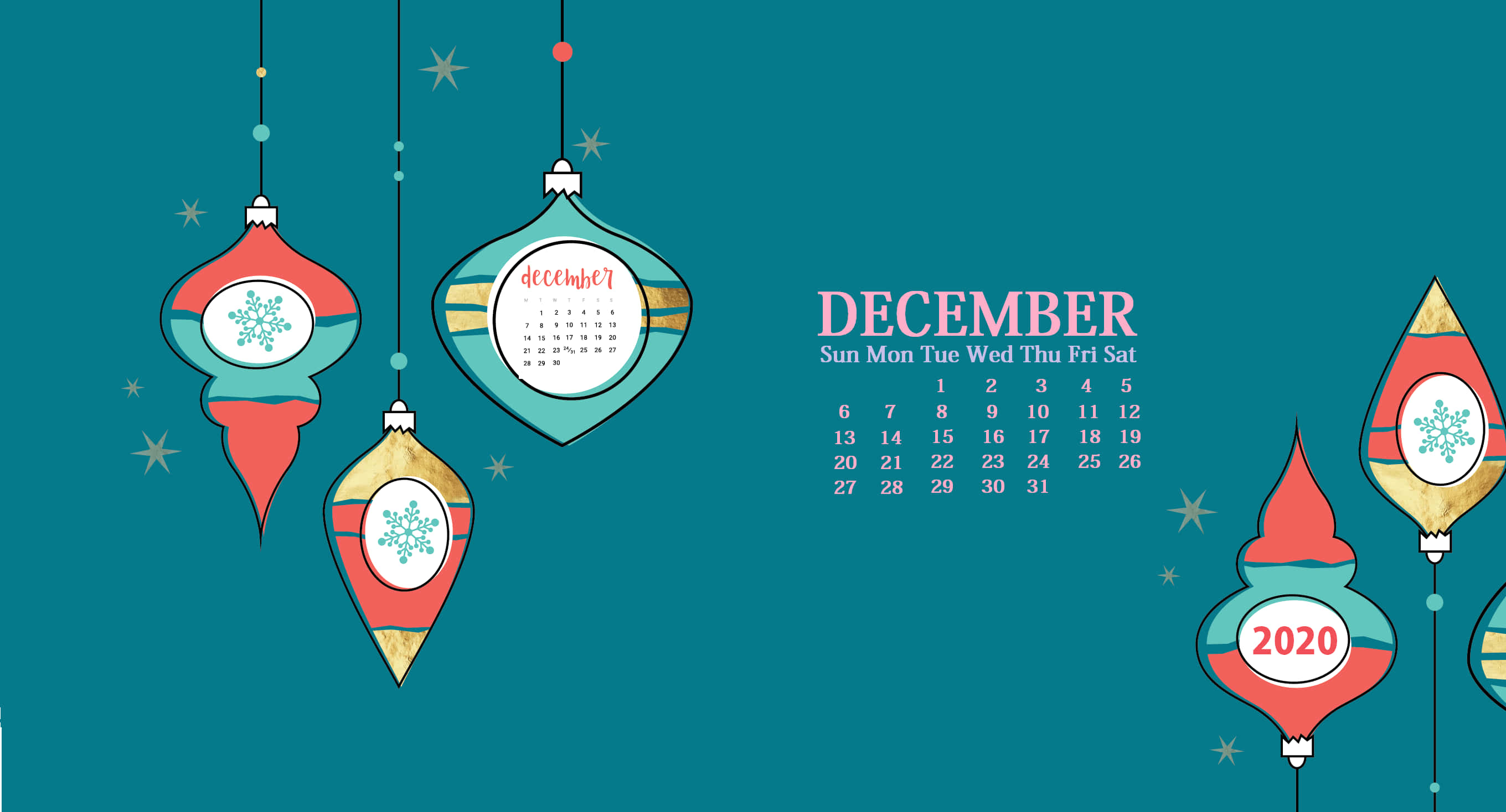 Cute December 桌布 壁紙 — 一個節日氣氛的2020年12月日曆，帶有彩色懸掛裝飾和雪花，背景為青綠色。