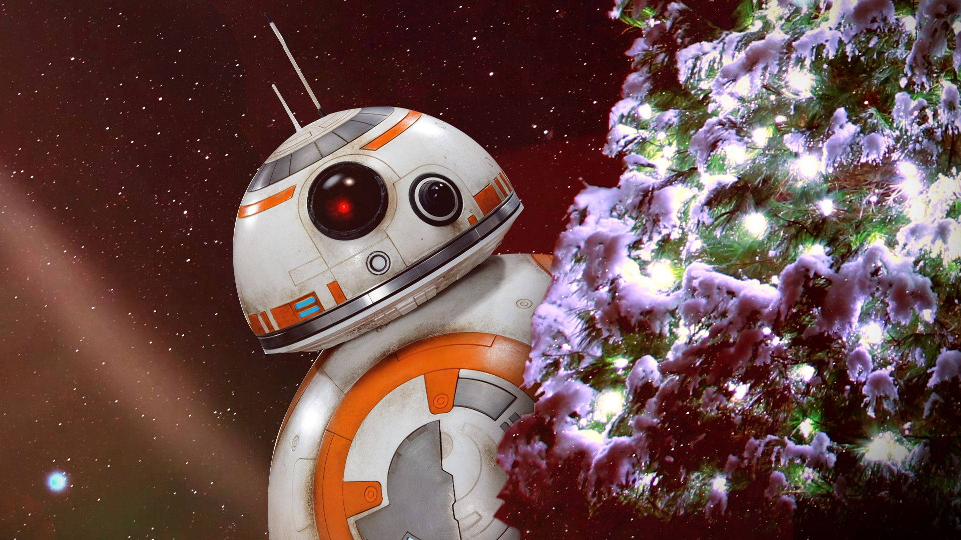 外太空 桌布 壁紙 — 一個節日氣氛的BB-8機器人站在一棵被雪覆蓋的聖誕樹旁，聖誕樹在星光閃爍的太空背景下發出明亮的光芒。