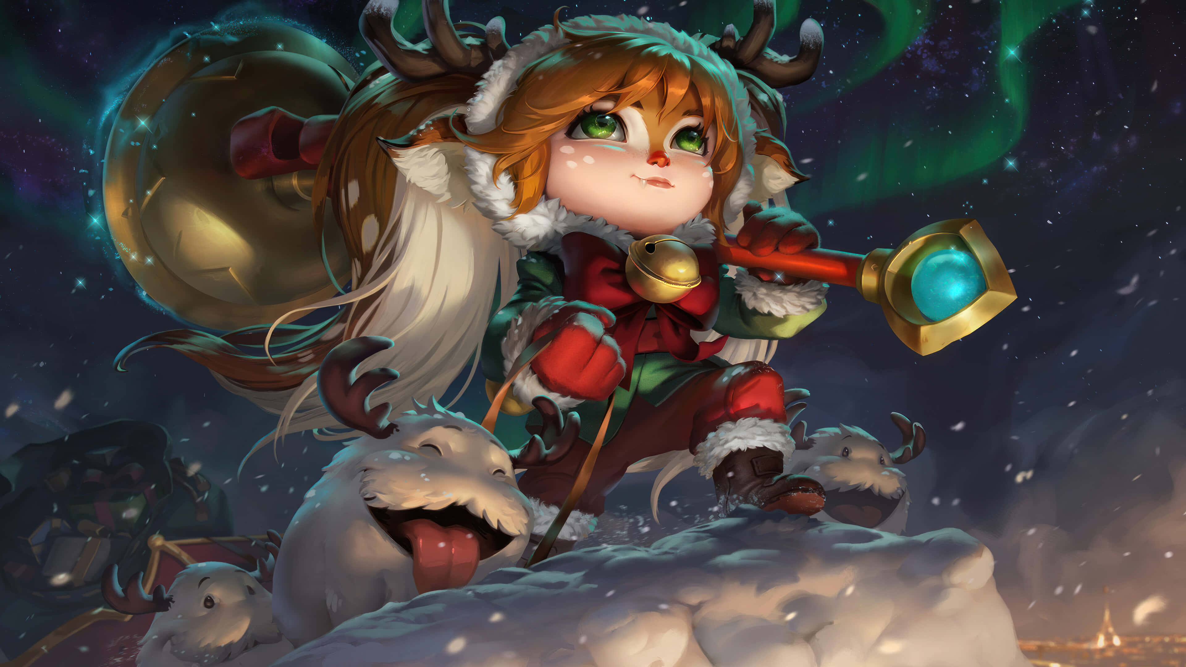 League Of Legends Champions 桌布 壁紙 — 一個節日氣氛的動漫女孩戴著馴鹿角，乘坐由快樂雪人拉著的雪橇，在滿天星斗的極光天空下。