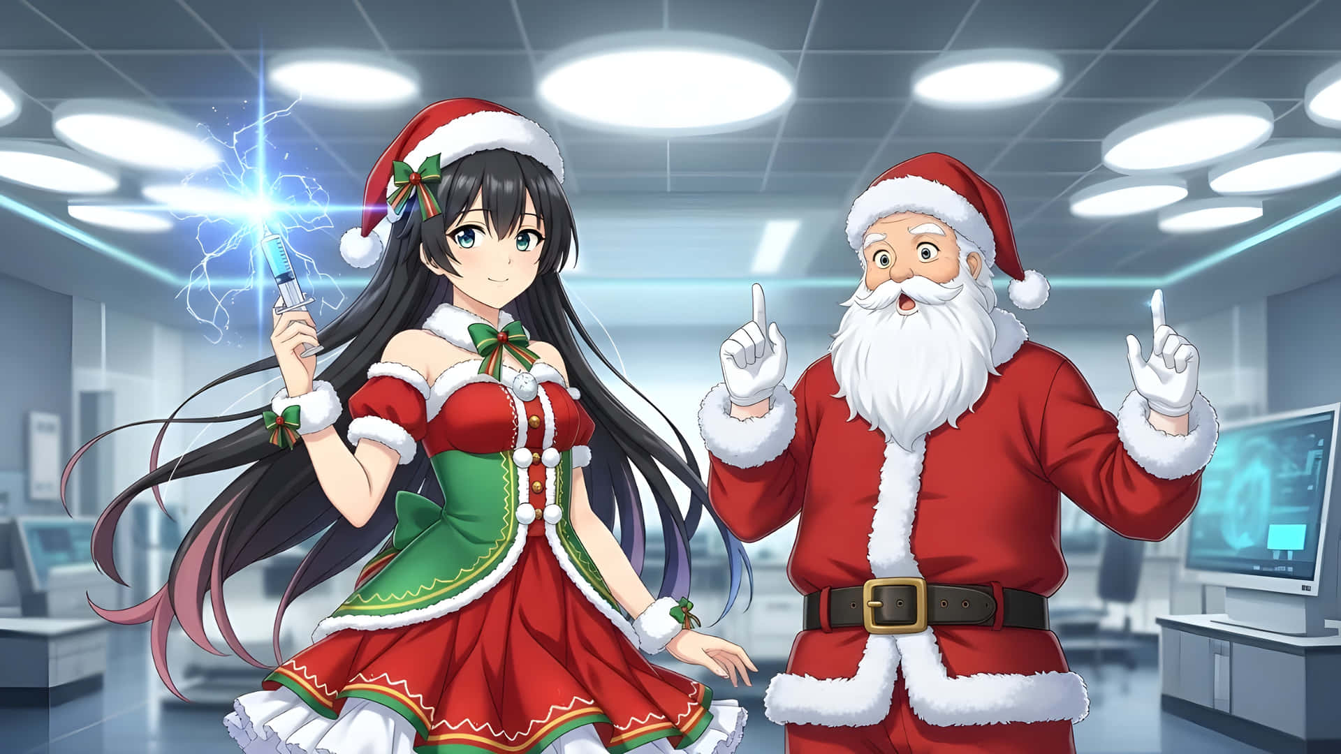 Santa and Anime Girl with Syringe in Lab 壁紙 — 一個節日氣氛的動漫女孩穿著紅綠聖誕裙，在一個高科技實驗室裡揮舞著一把帶火花的注射器，旁邊是驚訝的聖誕老人。
