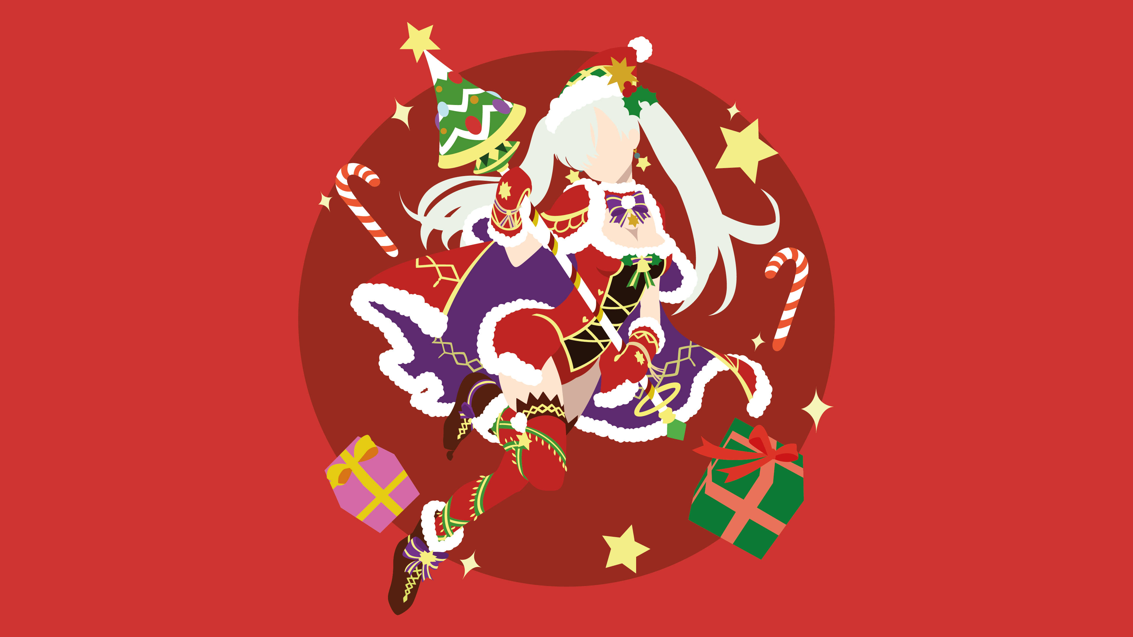 伊莉莎白·里昂絲 桌布 壁紙 — 一個節日氣氛的動漫女孩穿著聖誕老人服裝，周圍環繞著拐杖糖、禮物和星星，背景是鮮豔的紅色。